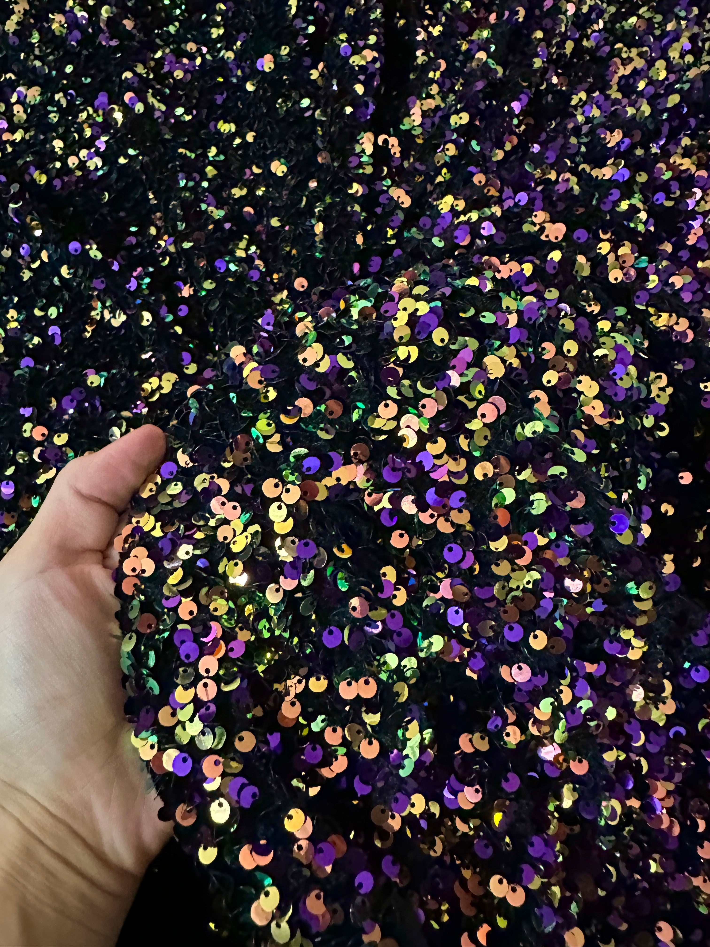 purple iridescent Sequin on Velvet, dark purple iridescent sequin on velvet, light purple iridescent sequin on velvet, shinny purple iridescent sequin on velvet, velvet on discount, velvet on sale, buy velvet online, kikitextile velvet, premium velvet, velvet for gown, velvet for woman, velvet for bride