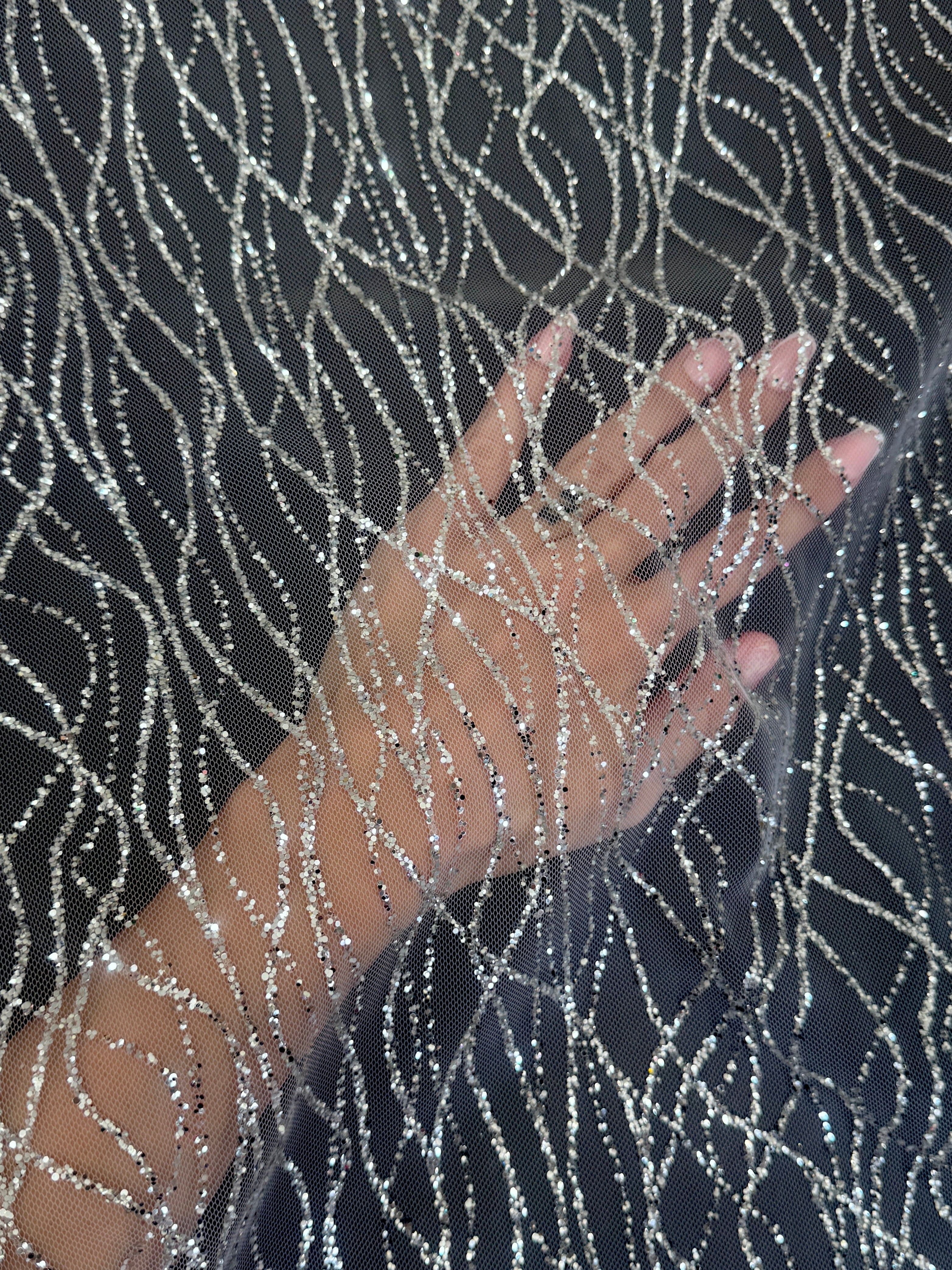 Silver Glitter Lace on Mesh, shop fabrics online, sewing, fabric store, sewing store, cheap fabric store, kiki textiles, textile by the yard