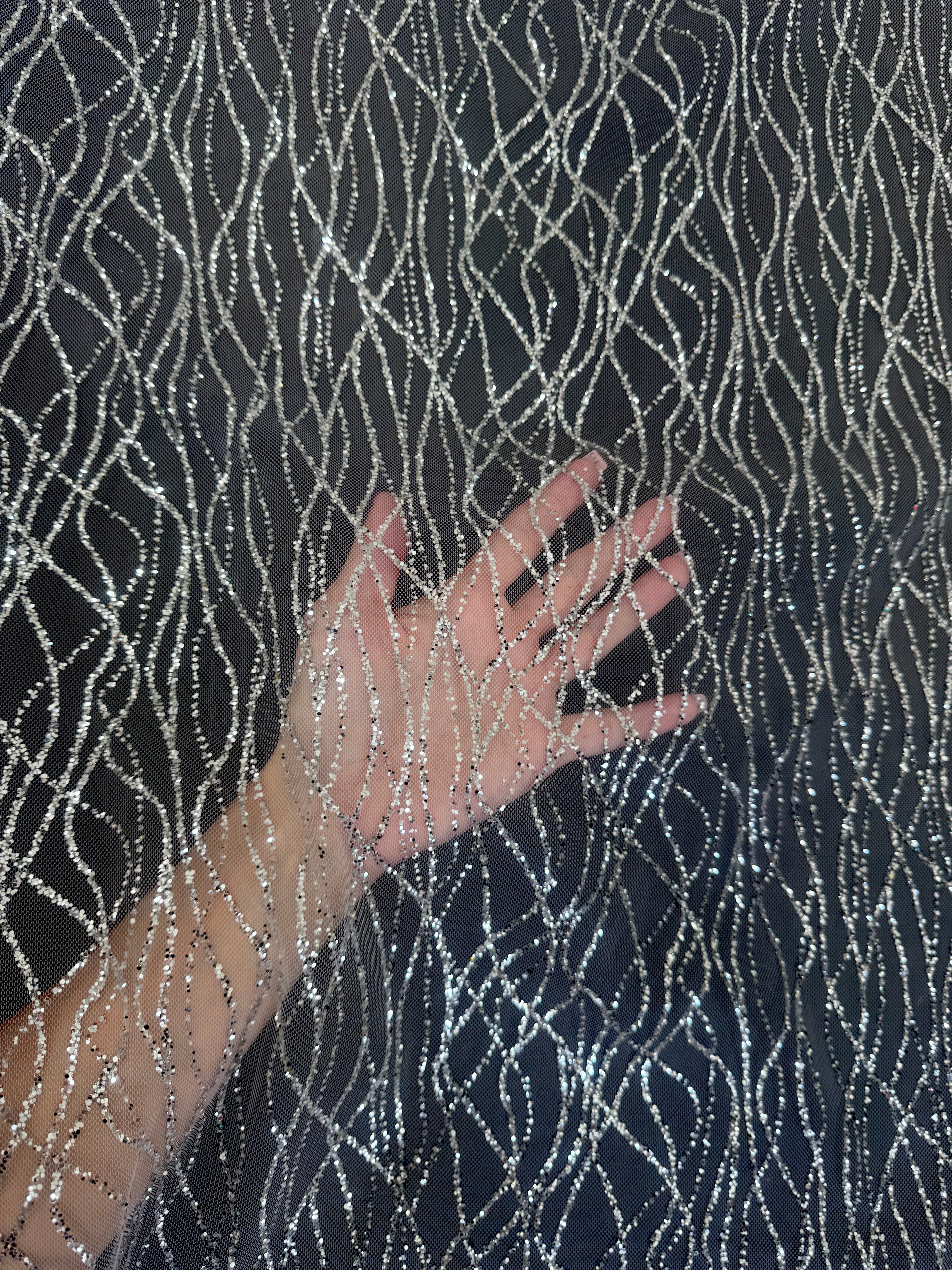 Silver Glitter Lace on Mesh, Silver Mesh, Nylon lace mesh, lace mesh for woman, lace mesh for bride, lace mesh on sale, lace mesh on discount