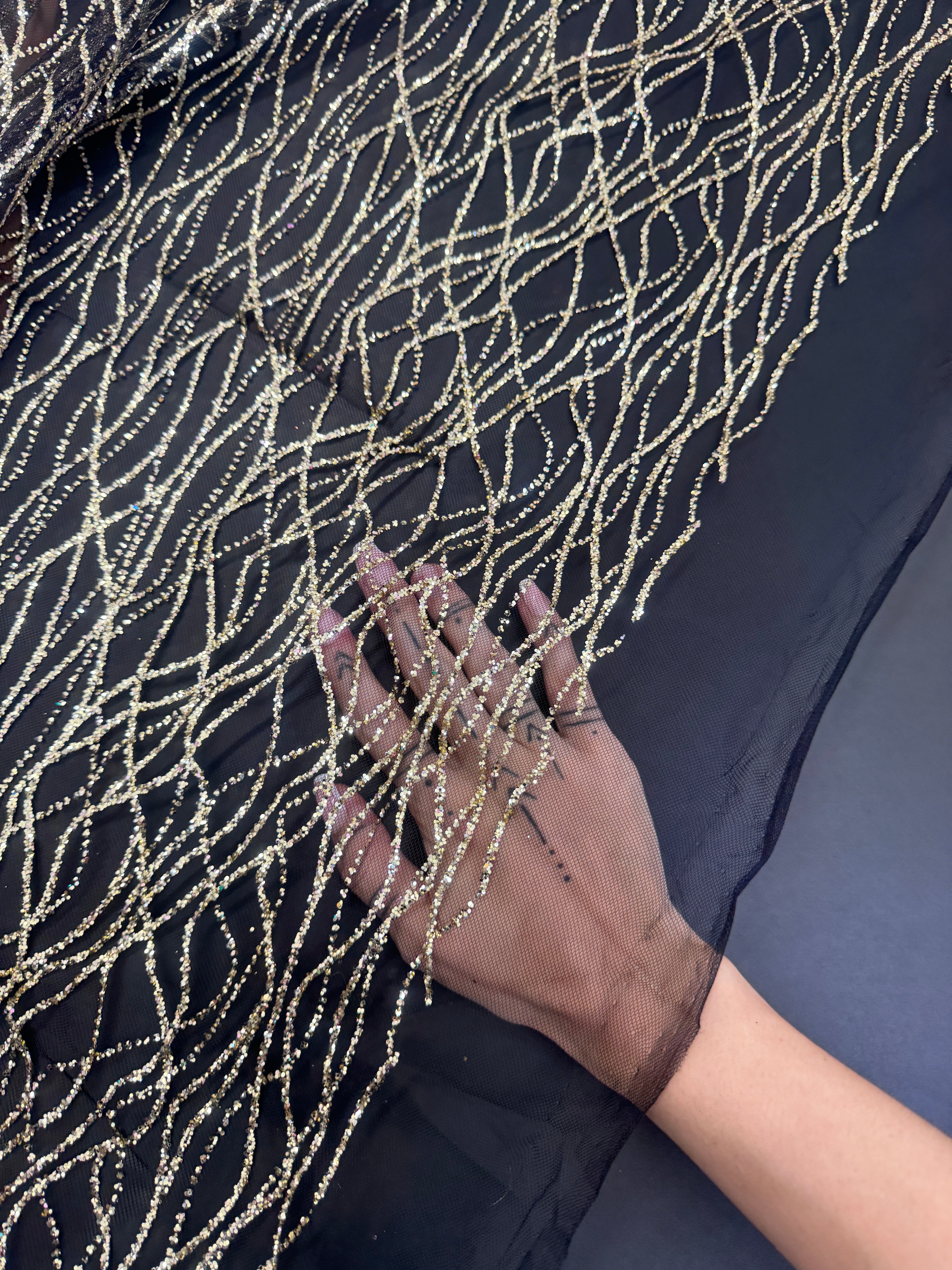 Gold Glitter Lace on Black Mesh, shop fabrics online, sewing, fabric store, sewing store, cheap fabric store, kiki textiles, textile by the yard