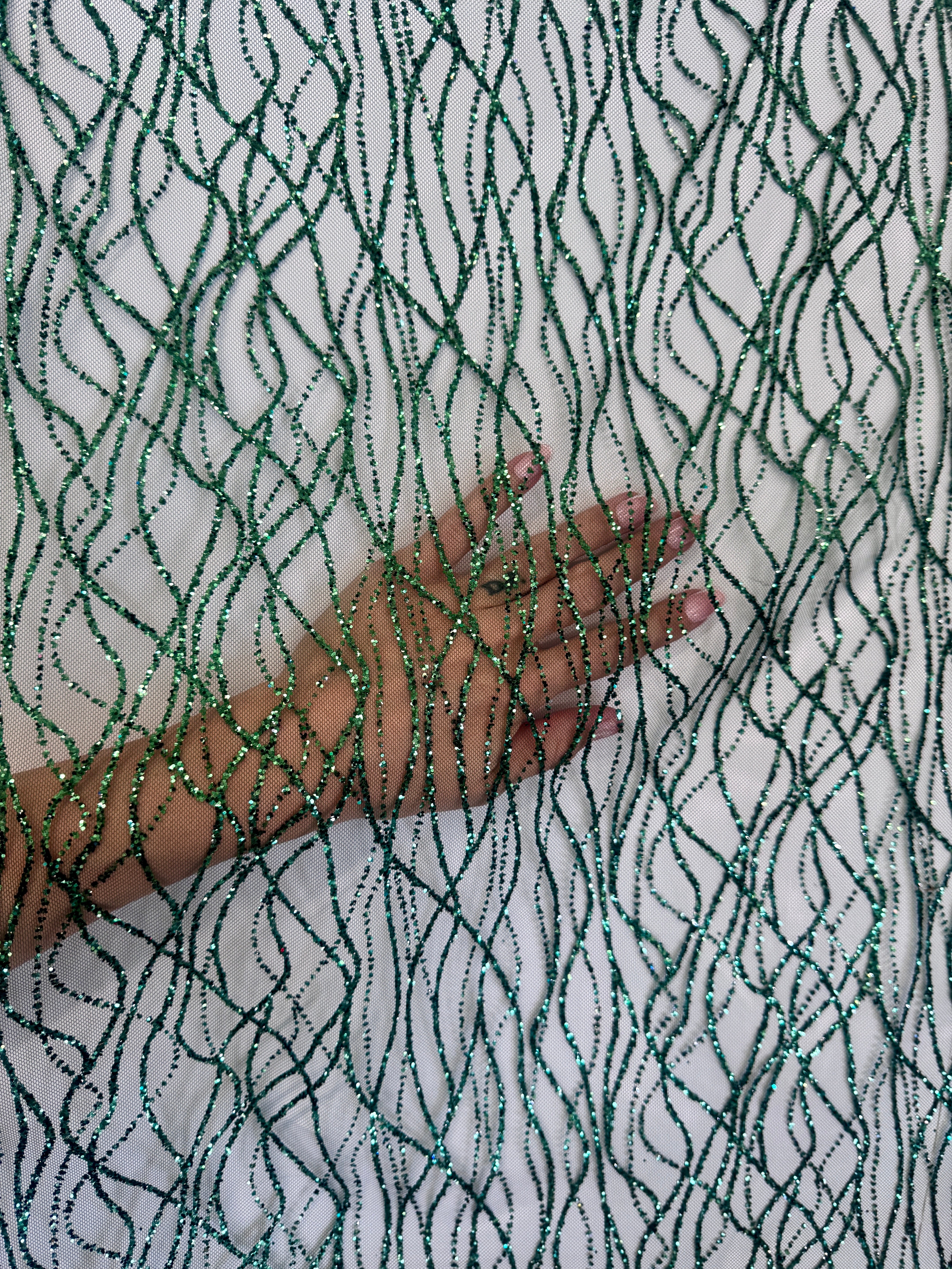 Emerald Green Glitter Lace on Mesh, shop fabrics online, sewing, fabric store, sewing store, cheap fabric store, kiki textiles, textile by the yard