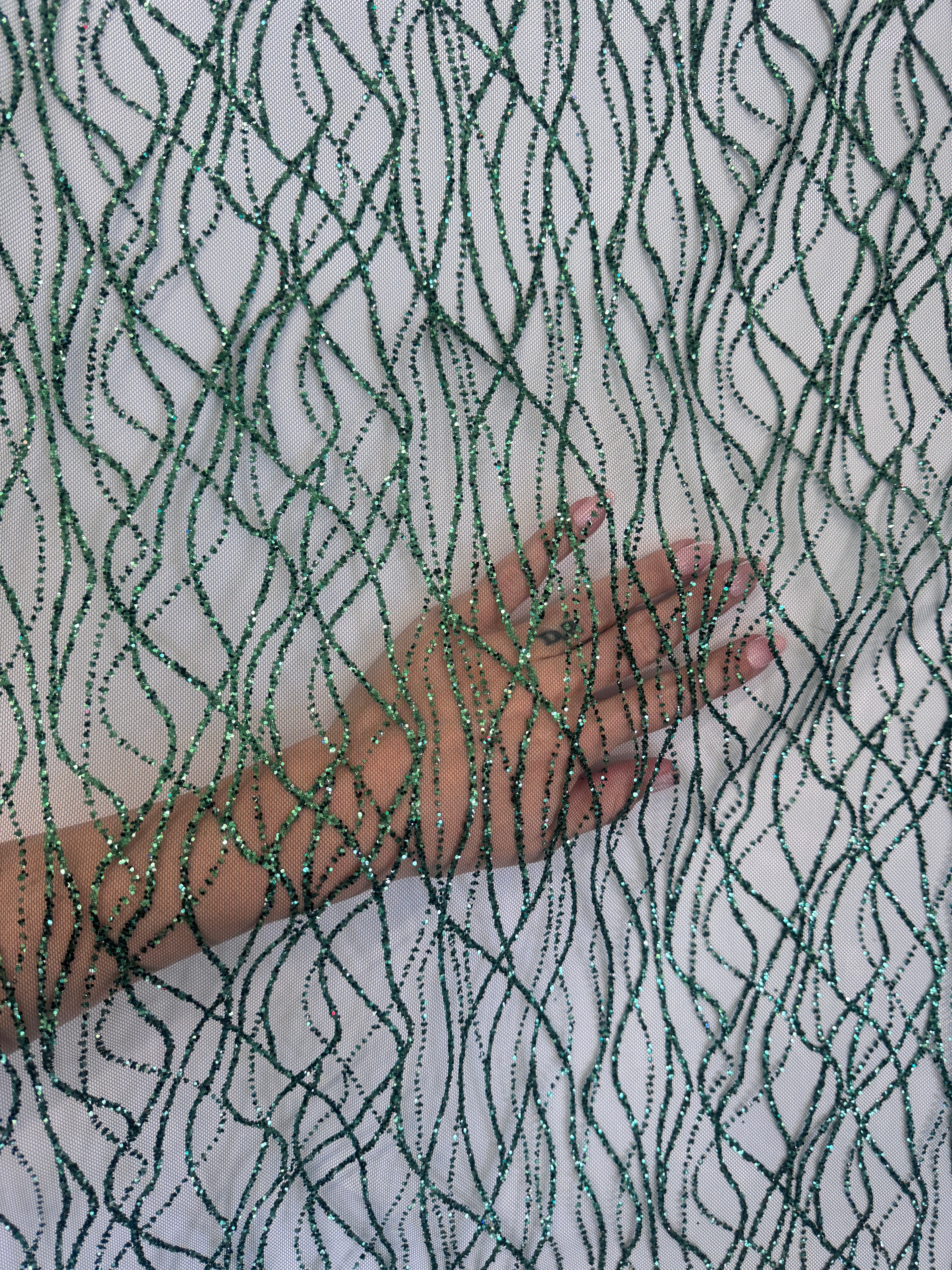 Emerald Green Glitter Lace on Mesh, shop fabrics online, sewing, fabric store, sewing store, cheap fabric store, kiki textiles, textile by the yard