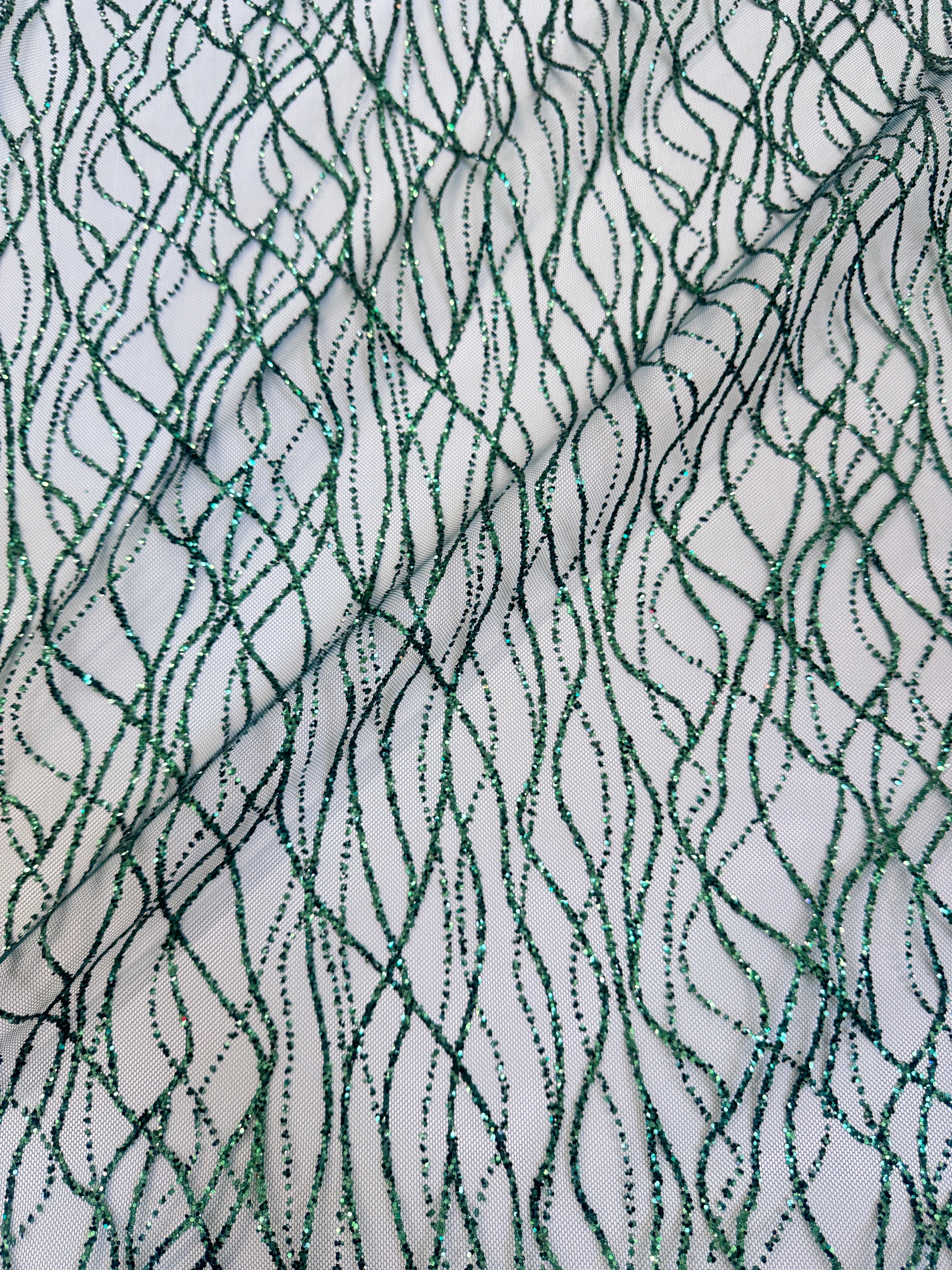 Emerald Green Glitter Lace on Mesh, shop fabrics online, sewing, fabric store, sewing store, cheap fabric store, kiki textiles, textile by the yard
