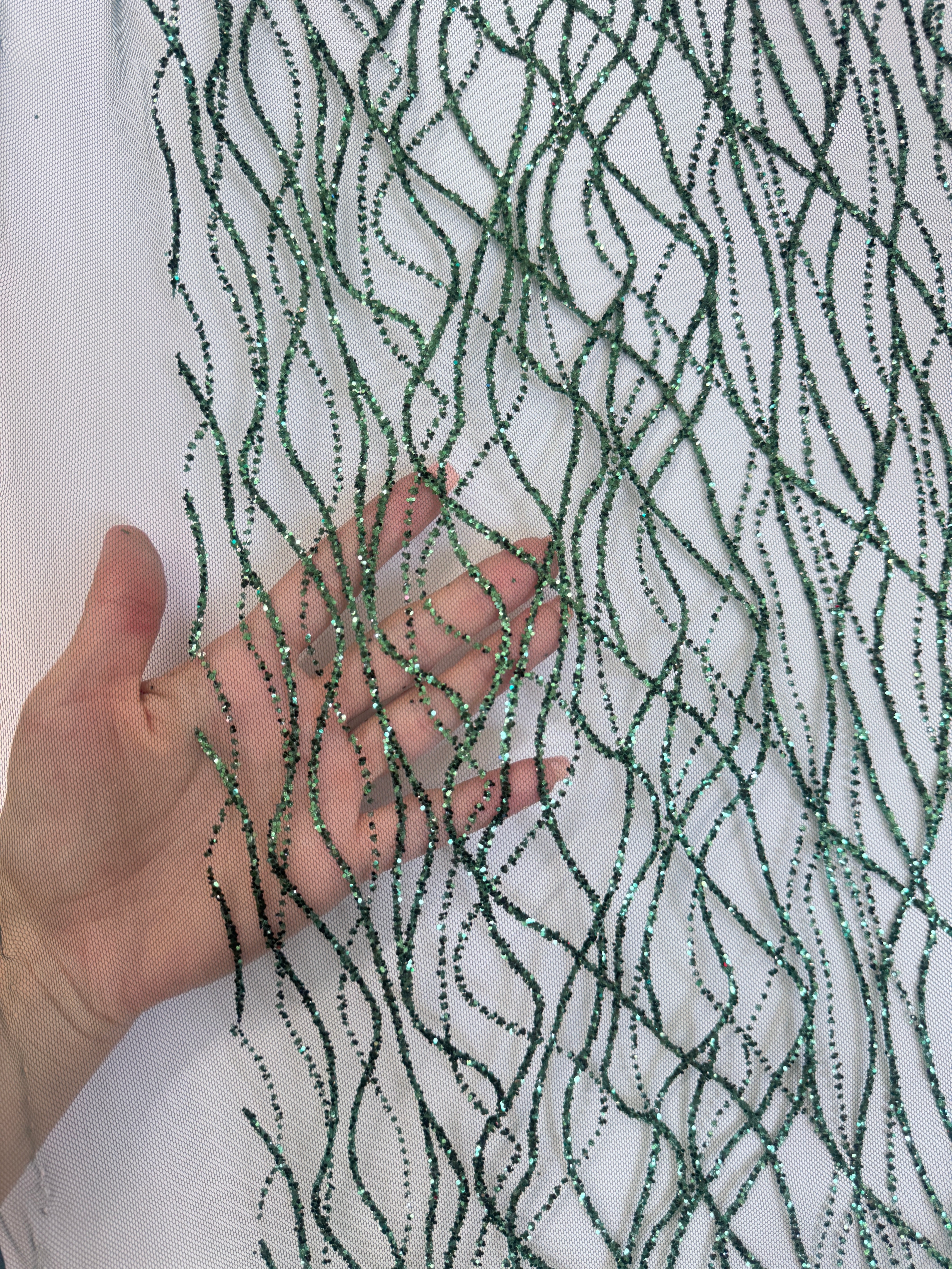 Emerald Green Glitter Lace on Mesh, shop fabrics online, sewing, fabric store, sewing store, cheap fabric store, kiki textiles, textile by the yard