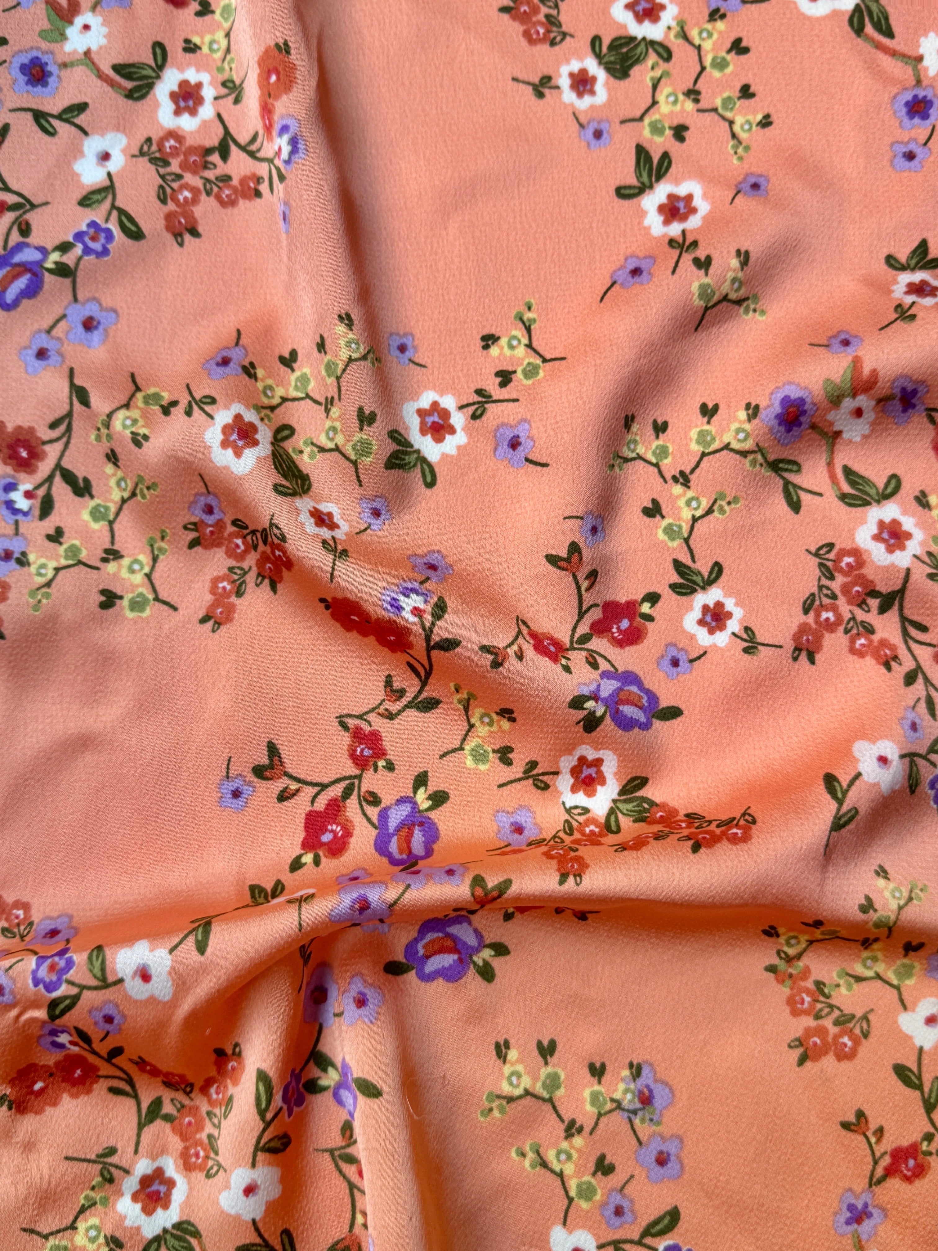orange Floral Print Satin, light orange floral print Satin, rose Printed Satin, best quality Printed Satin, Printed Satin for bridal wear, Printed Satin for party wear, Printed Satin in low price, premium Printed Satin