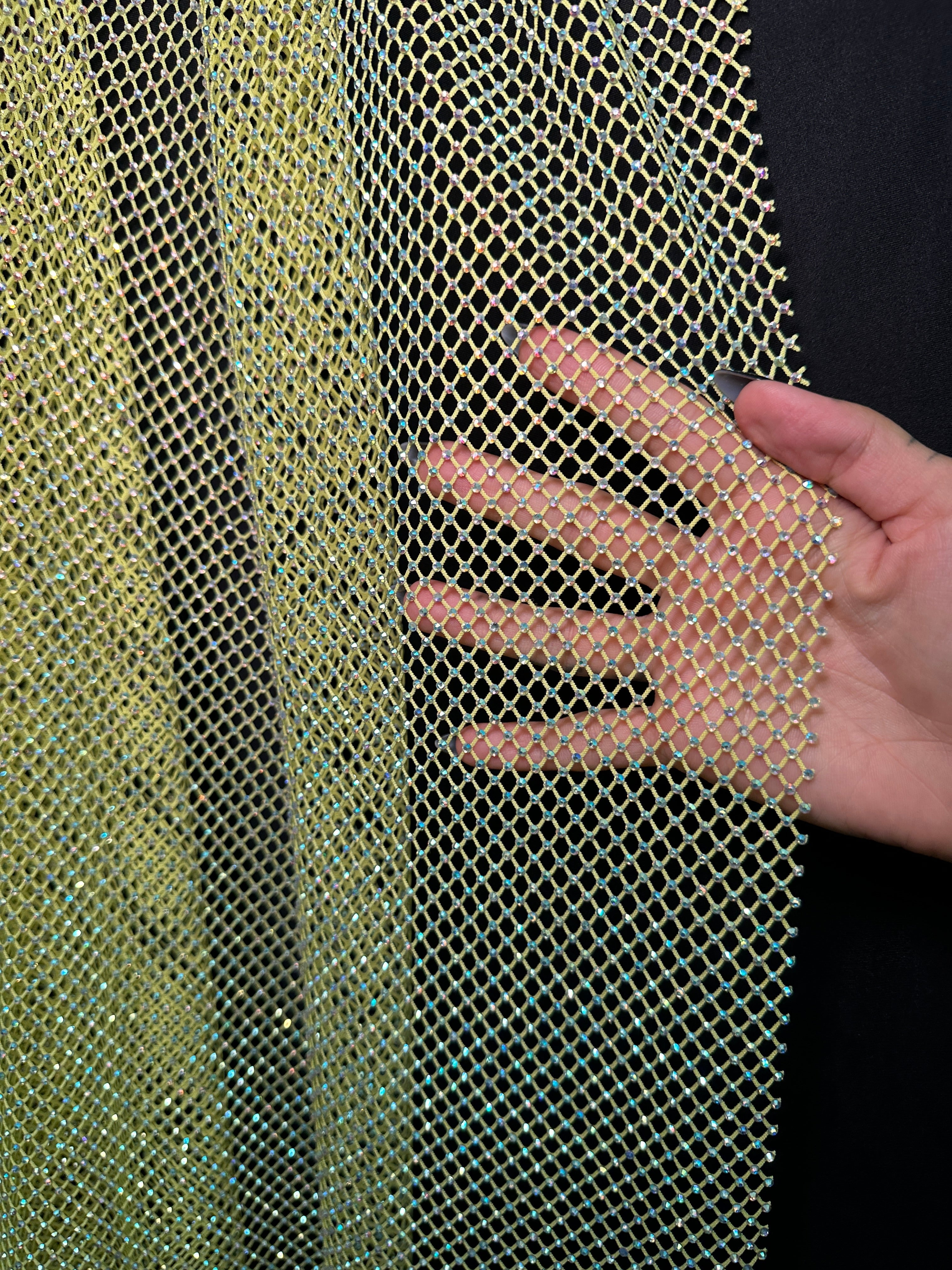 Yellow Rhinestone Diamond Fishnet Mesh, Fabric Store, Sewing Store, Cheap Fabric Store, Kiki Textiles, Textile by the Yard