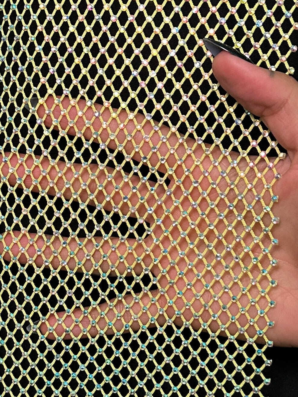 Yellow Rhinestone Diamond Fishnet Mesh, Fabric Store, Sewing Store, Cheap Fabric Store, Kiki Textiles, Textile by the Yard
