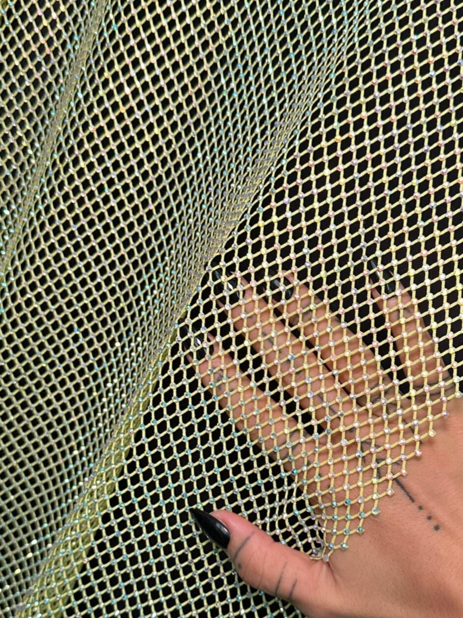 Yellow Rhinestone Diamond Fishnet Mesh, Fabric Store, Sewing Store, Cheap Fabric Store, Kiki Textiles, Textile by the Yard