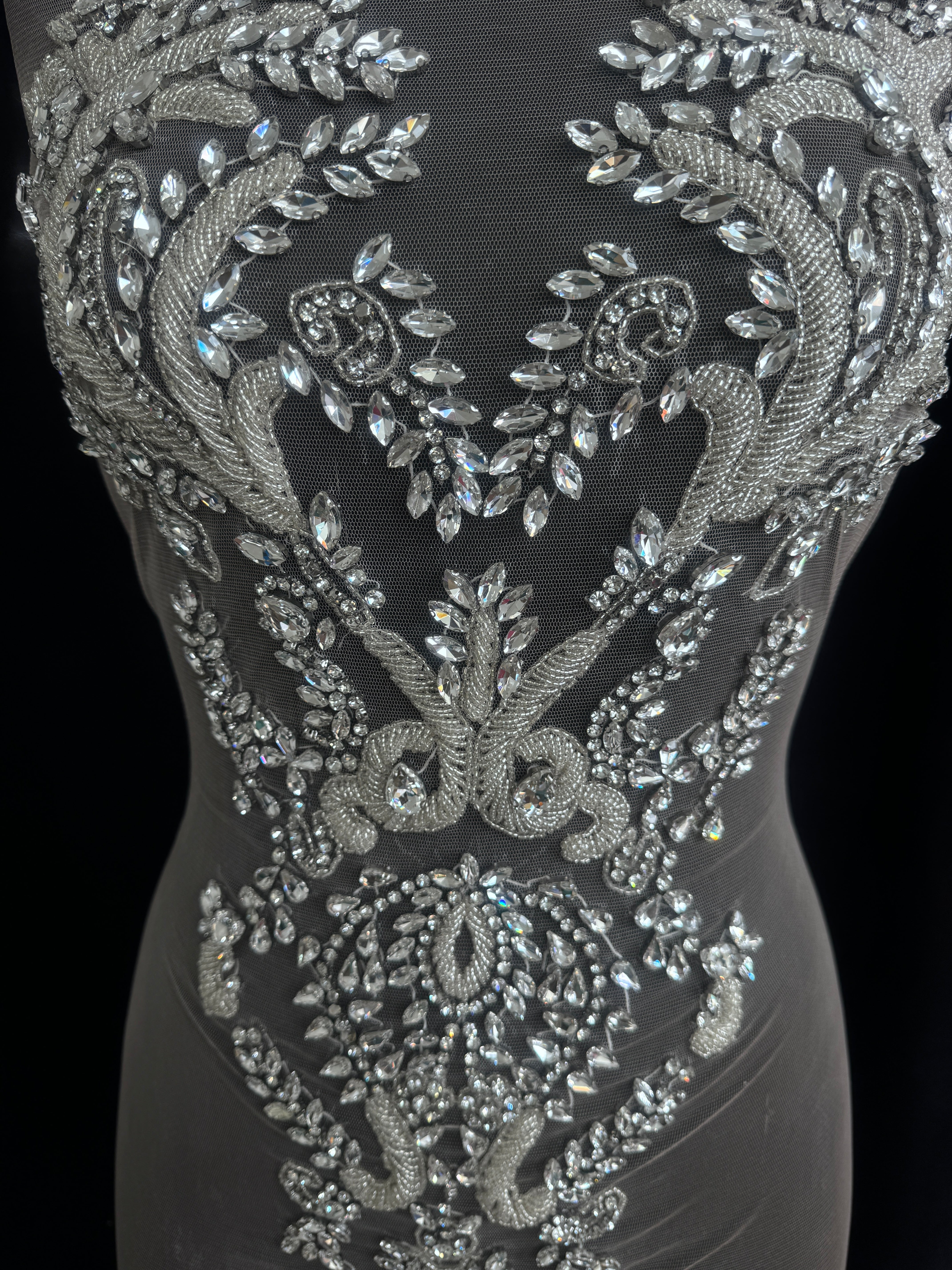 Luna Silver Rhinestone Bodice Appliqué, Silver Rhinestones Applique, Embellished clothing, Rhinestone applications, Rhinestone embroidery, Rhinestone patch, Dress patch, Rhinestones for dress