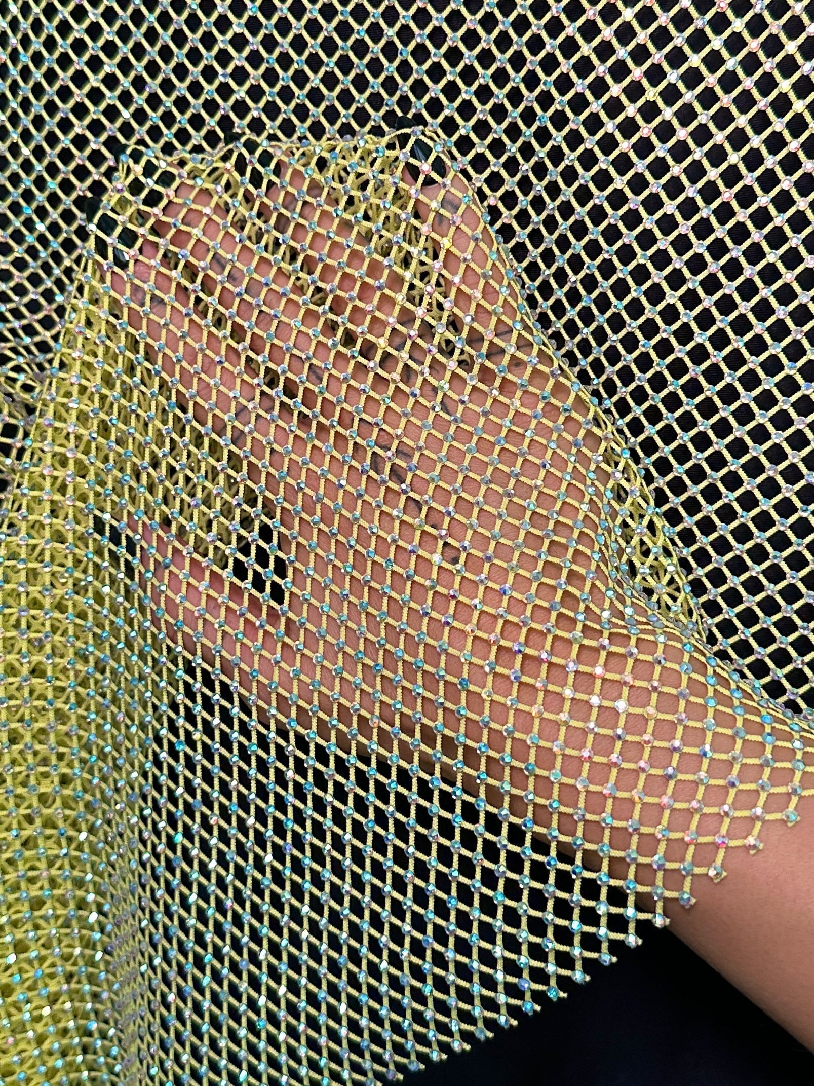 Yellow Rhinestone Diamond Fishnet Mesh, Rhinestone Fishnet Mesh, Mesh on Sale, Rhinestone on Mesh, Womens Rhinestone Mesh, Fancy Fishnet Mesh