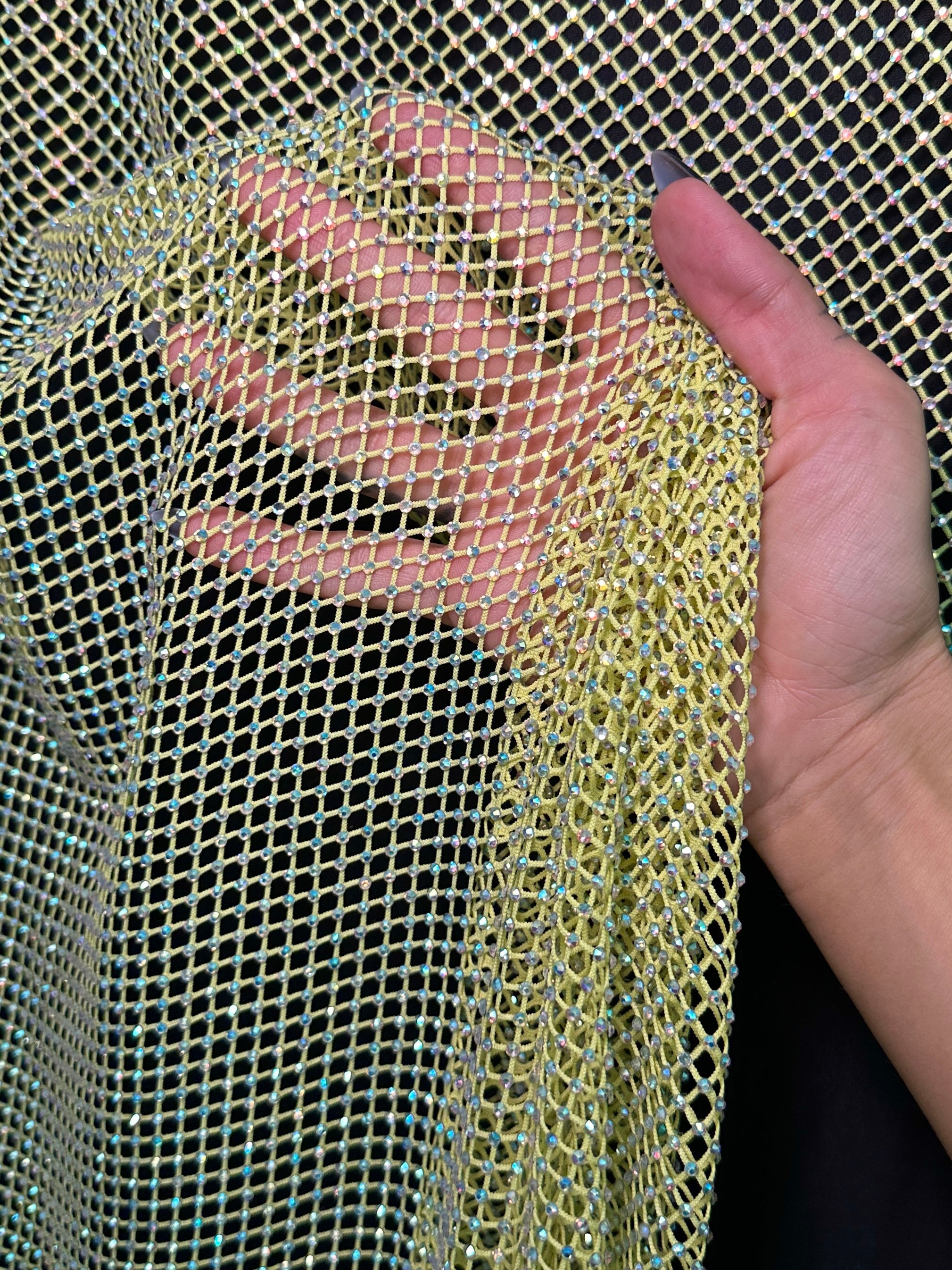 Yellow Rhinestone Diamond Fishnet Mesh, Rhinestone Fishnet Mesh, Mesh on Sale, Rhinestone on Mesh, Womens Rhinestone Mesh, Fancy Fishnet Mesh