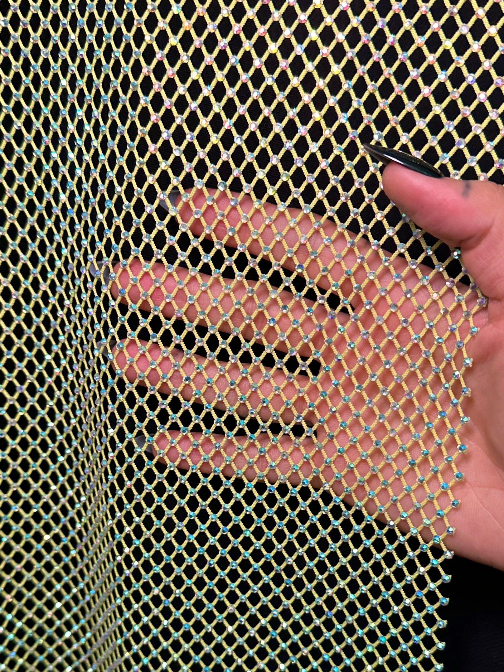 Yellow Rhinestone Diamond Fishnet Mesh, Rhinestone Fishnet Mesh, Mesh on Sale, Rhinestone on Mesh, Womens Rhinestone Mesh, Fancy Fishnet Mesh