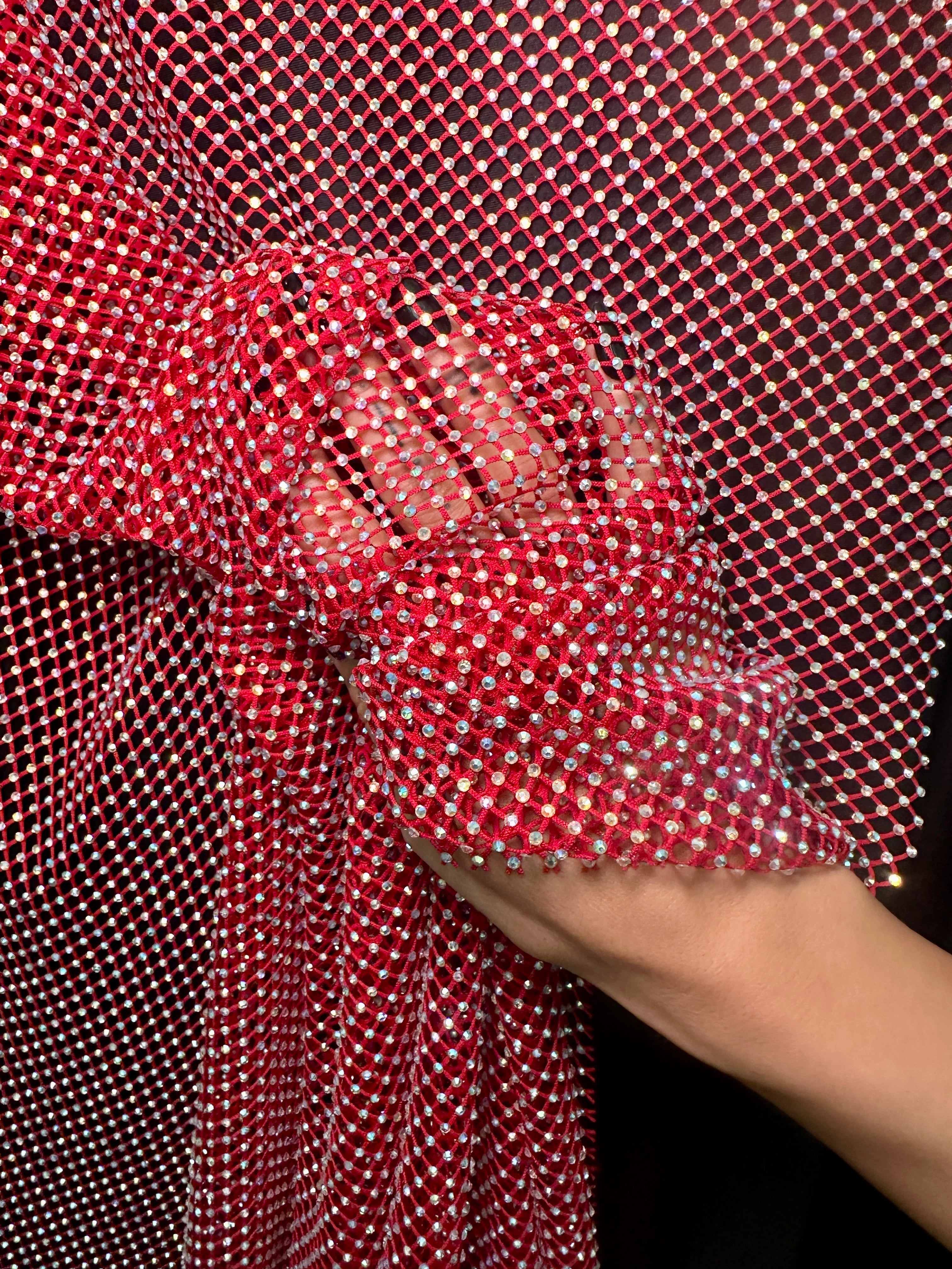 Red Rhinestone Diamond Fishnet Mesh, Fabric Store, Sewing Store, Cheap Fabric Store, Kiki Textiles, Textile by the Yard