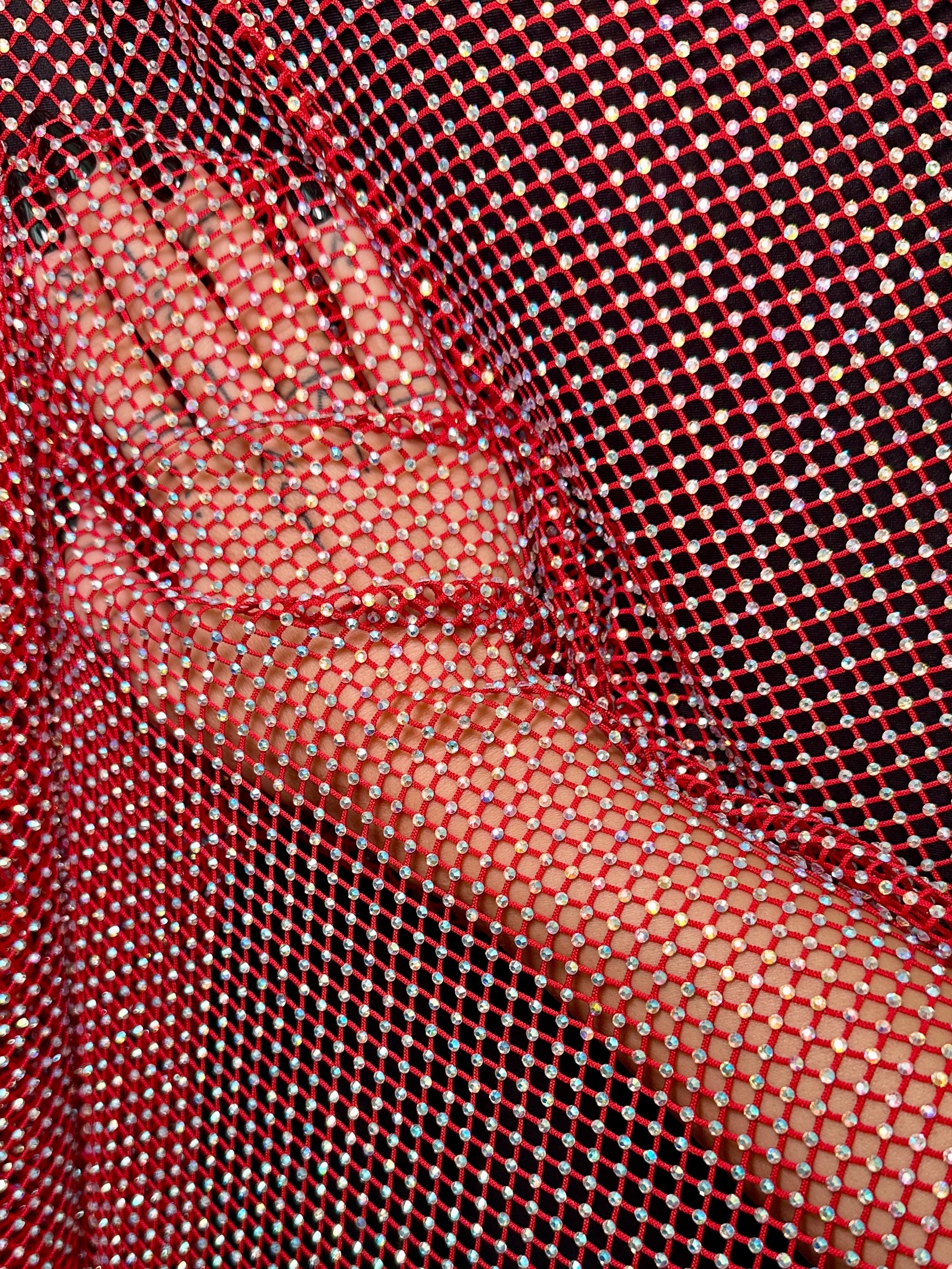 Red Rhinestone Diamond Fishnet Mesh, Fabric Store, Sewing Store, Cheap Fabric Store, Kiki Textiles, Textile by the Yard