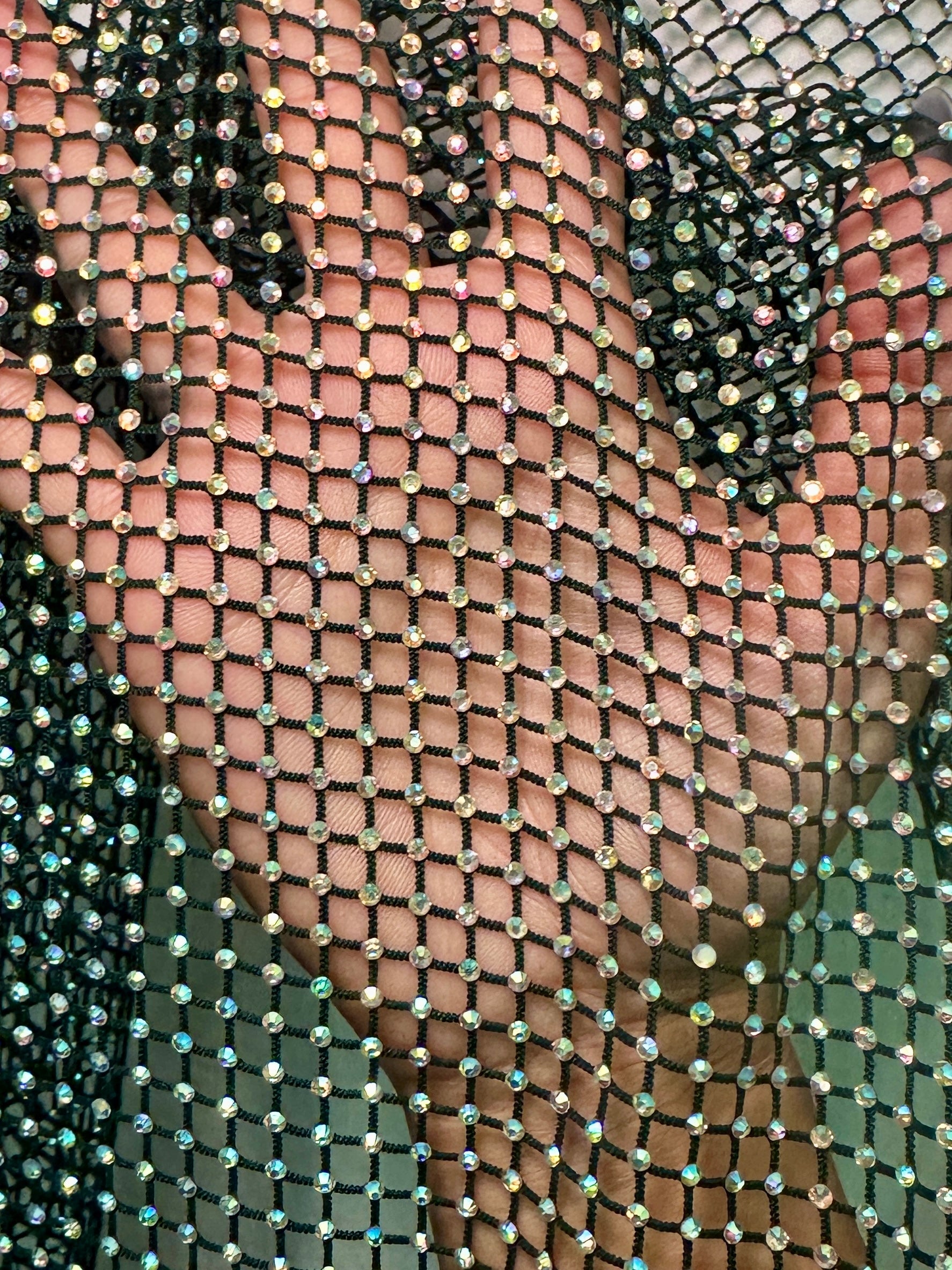 Hunter Green Rhinestone Diamond Fishnet Mesh, Fabric Store, Sewing Store, Cheap Fabric Store, Kiki Textiles, Textile by the Yard
