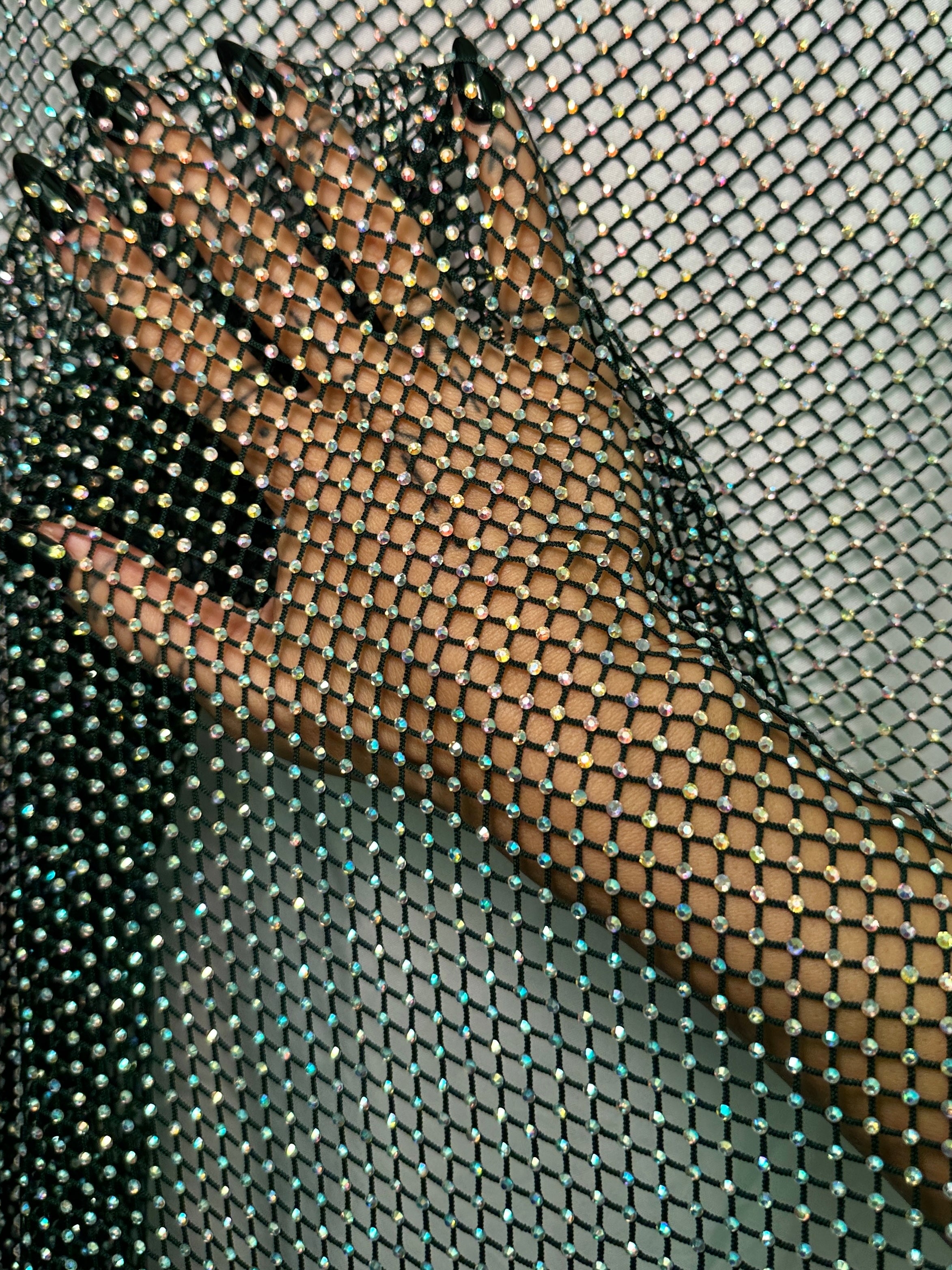 Hunter Green Rhinestone Diamond Fishnet Mesh, Fabric Store, Sewing Store, Cheap Fabric Store, Kiki Textiles, Textile by the Yard