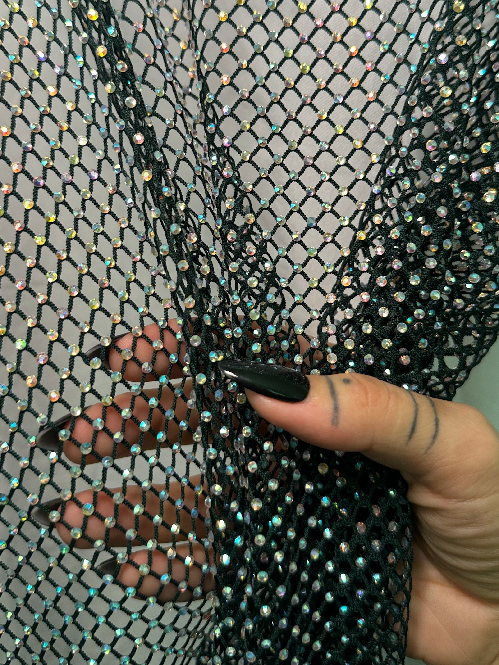 Hunter Green Rhinestone Diamond Fishnet Mesh, Rhinestone Fishnet Mesh, Mesh on Sale, Rhinestone on Mesh, Womens Rhinestone Mesh, Fancy Fishnet Mesh