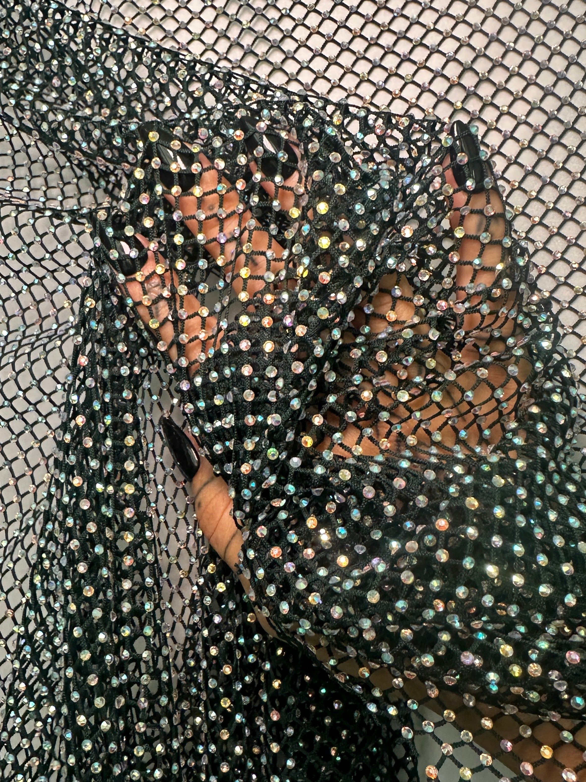 Hunter Green Rhinestone Diamond Fishnet Mesh, Fabric Store, Sewing Store, Cheap Fabric Store, Kiki Textiles, Textile by the Yard