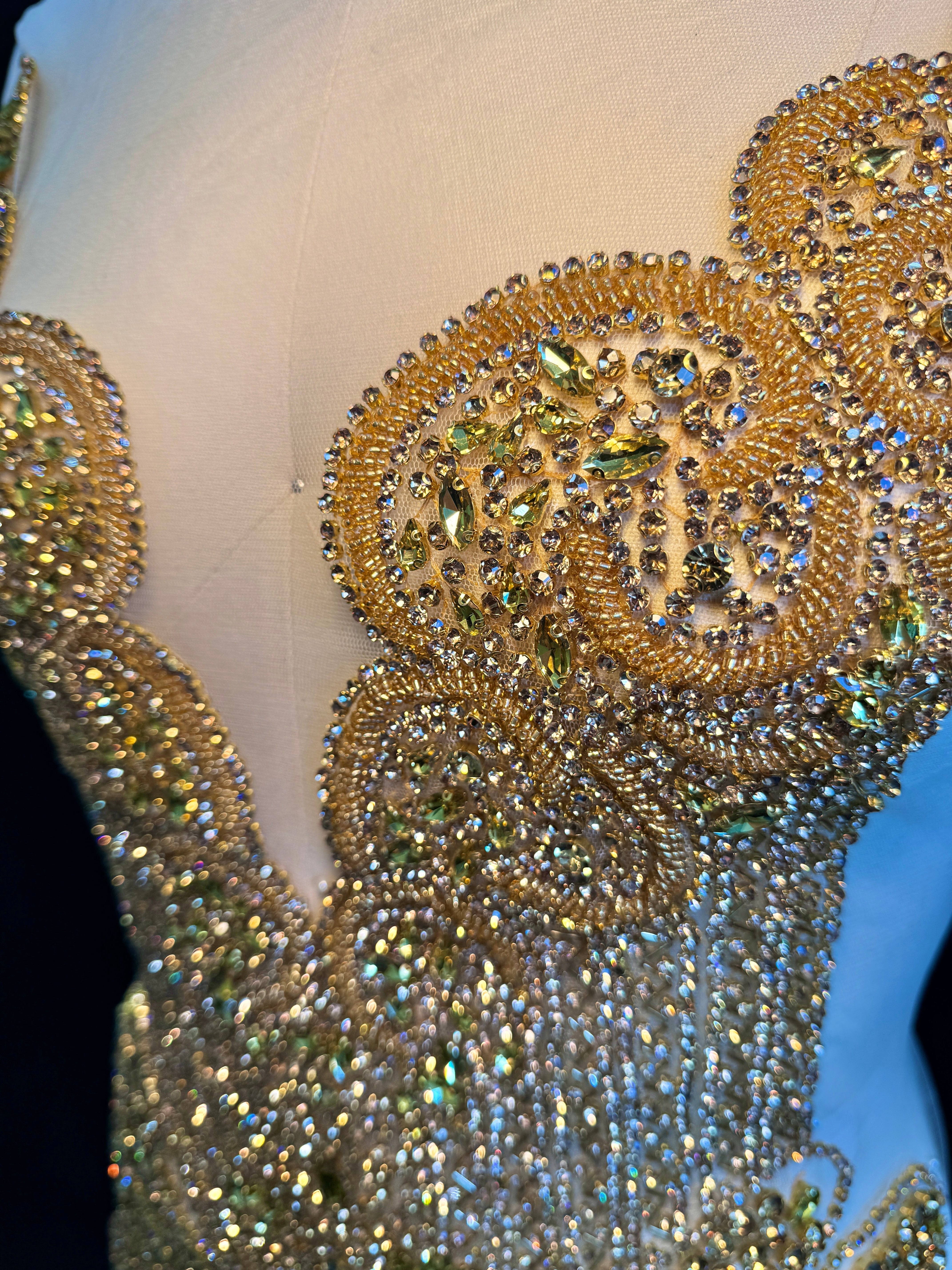 Carla Gold Rhinestone Bodice Applique, gold rhinestone, dark gold rhinestone, light gold rhinestone,