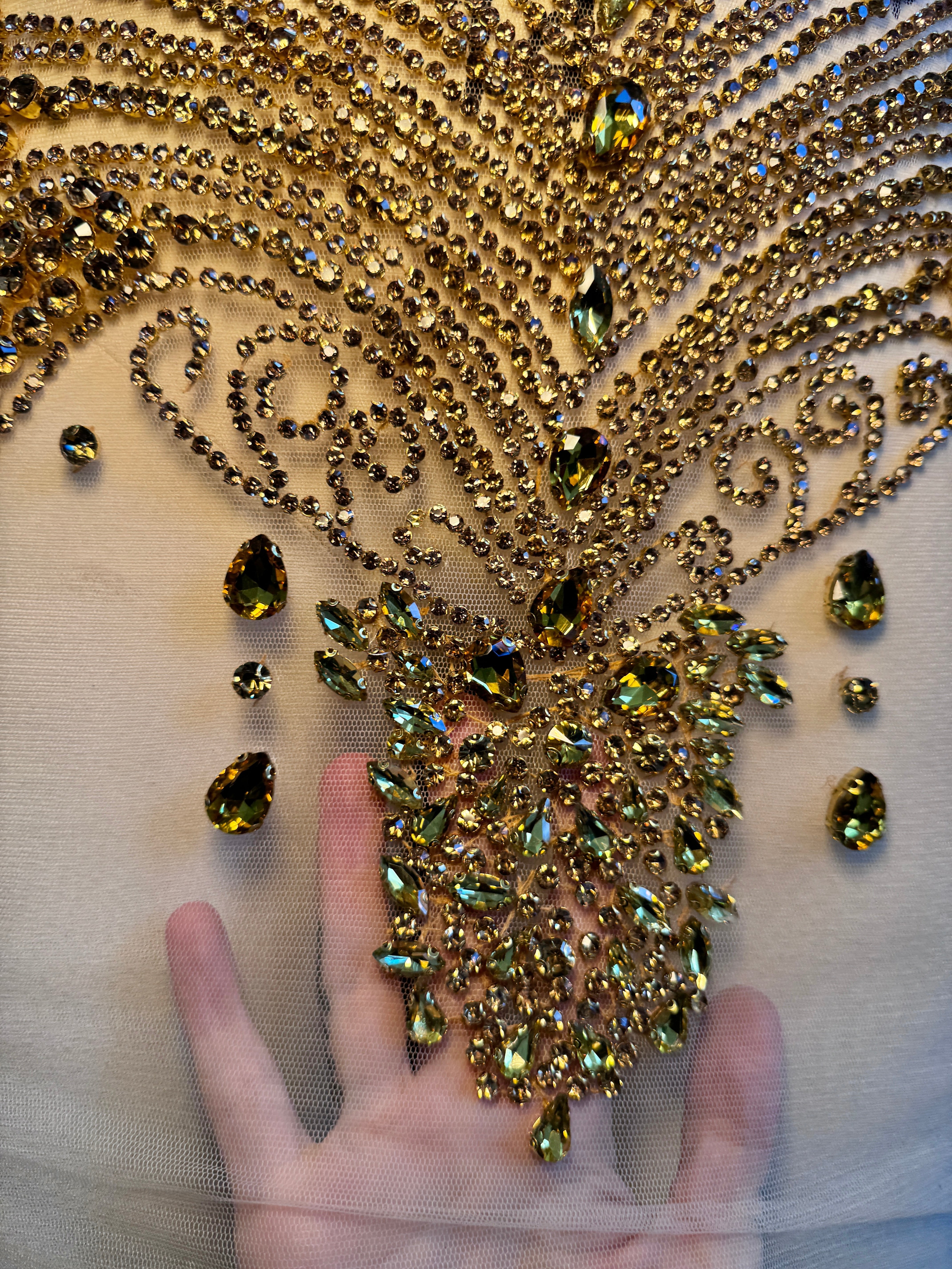 Carla Gold Rhinestone Bodice Applique, gold rhinestone, dark gold rhinestone, light gold rhinestone,