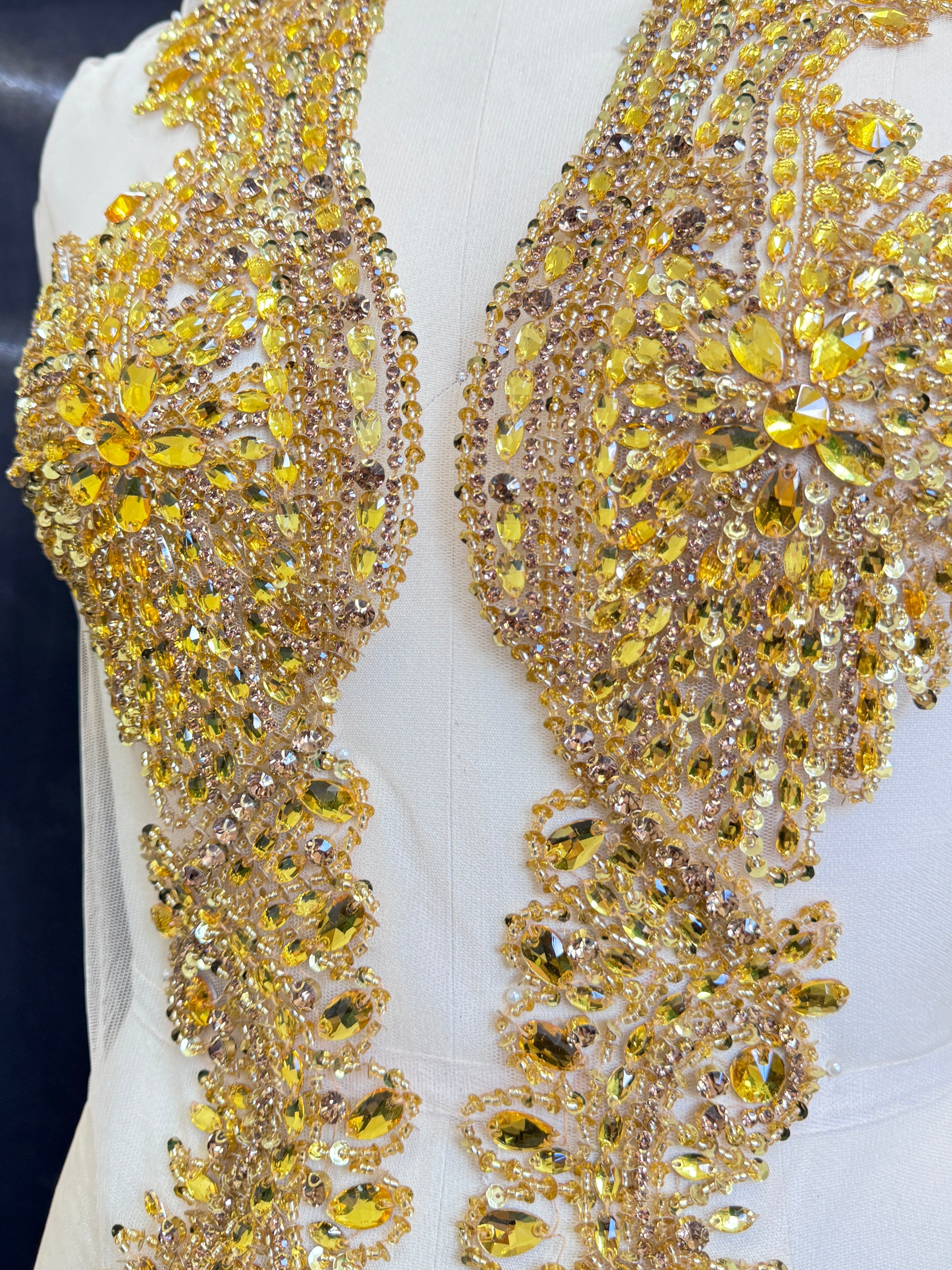 Nico Gold Rhinestone Bodice Applique, silver rhinestone, dark gold rhinestone, light gold rhinestone,