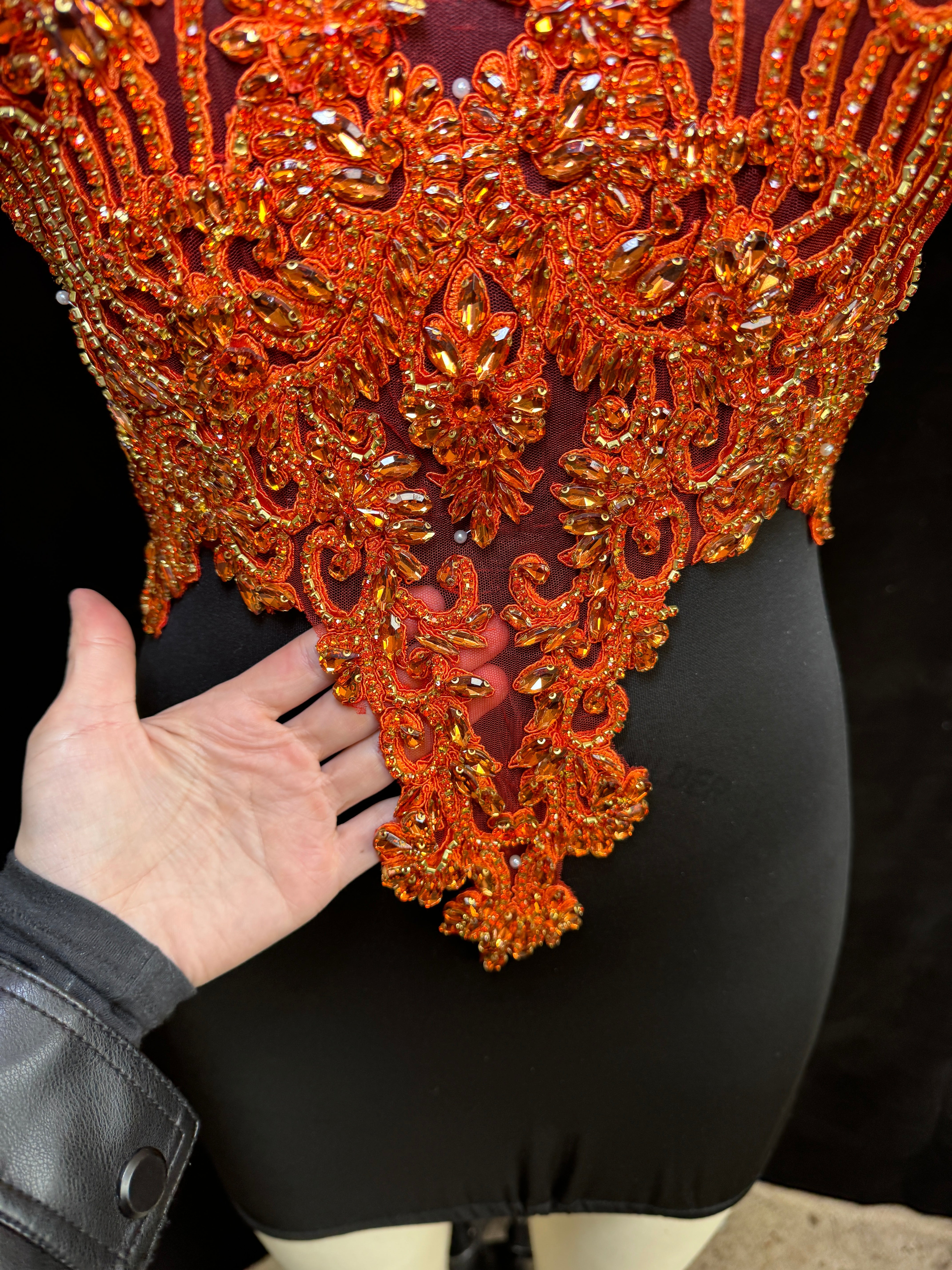Alex Orange Rhinestone Bodice, dark orange rhinestone, rust rhinestone, light orange rhinestone,