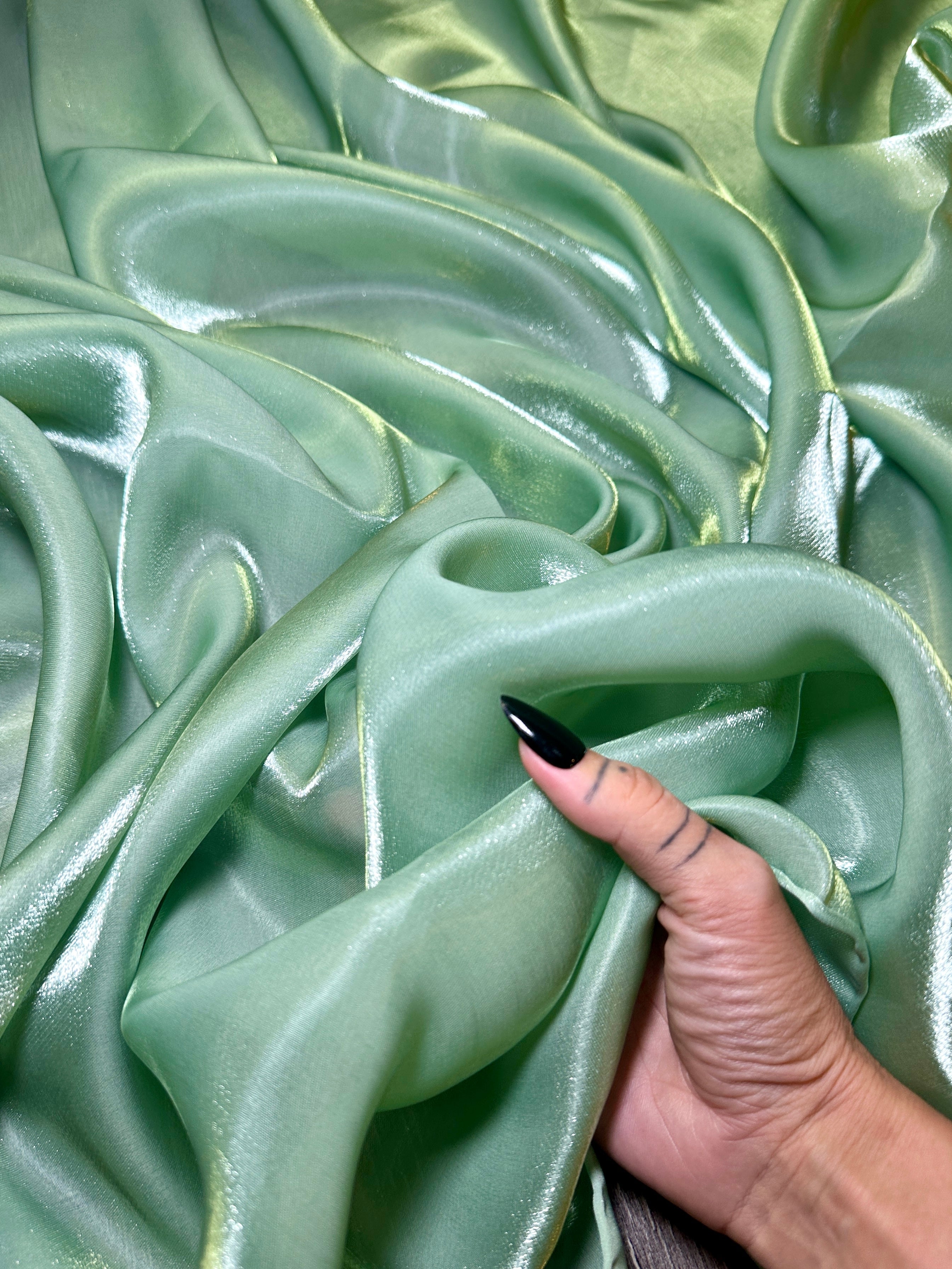 Sage Green Water Liquid Shimmery Chiffon, Premium Glittery Chiffon, Wet Chiffon, Shimmery Chiffon, Fancy fabric, Luxurious liquid fabric, Chiffon for women