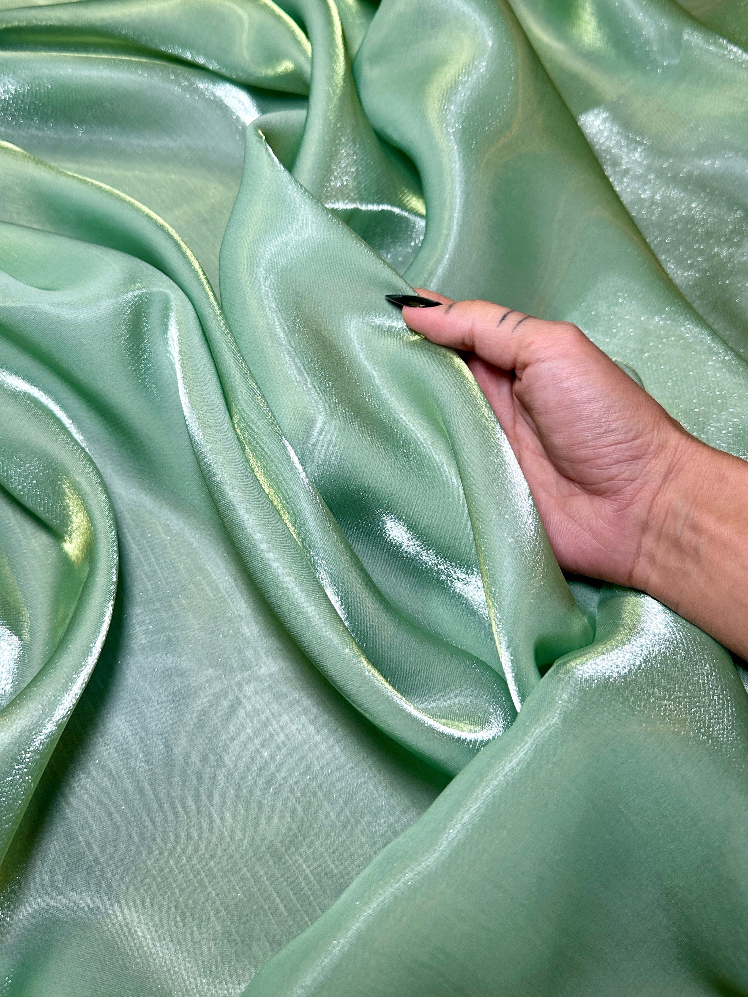 Sage Green Water Liquid Shimmery Chiffon, Fabric Store, Sewing Store, Cheap Fabric Store, Kiki Textiles, Textile by the Yard