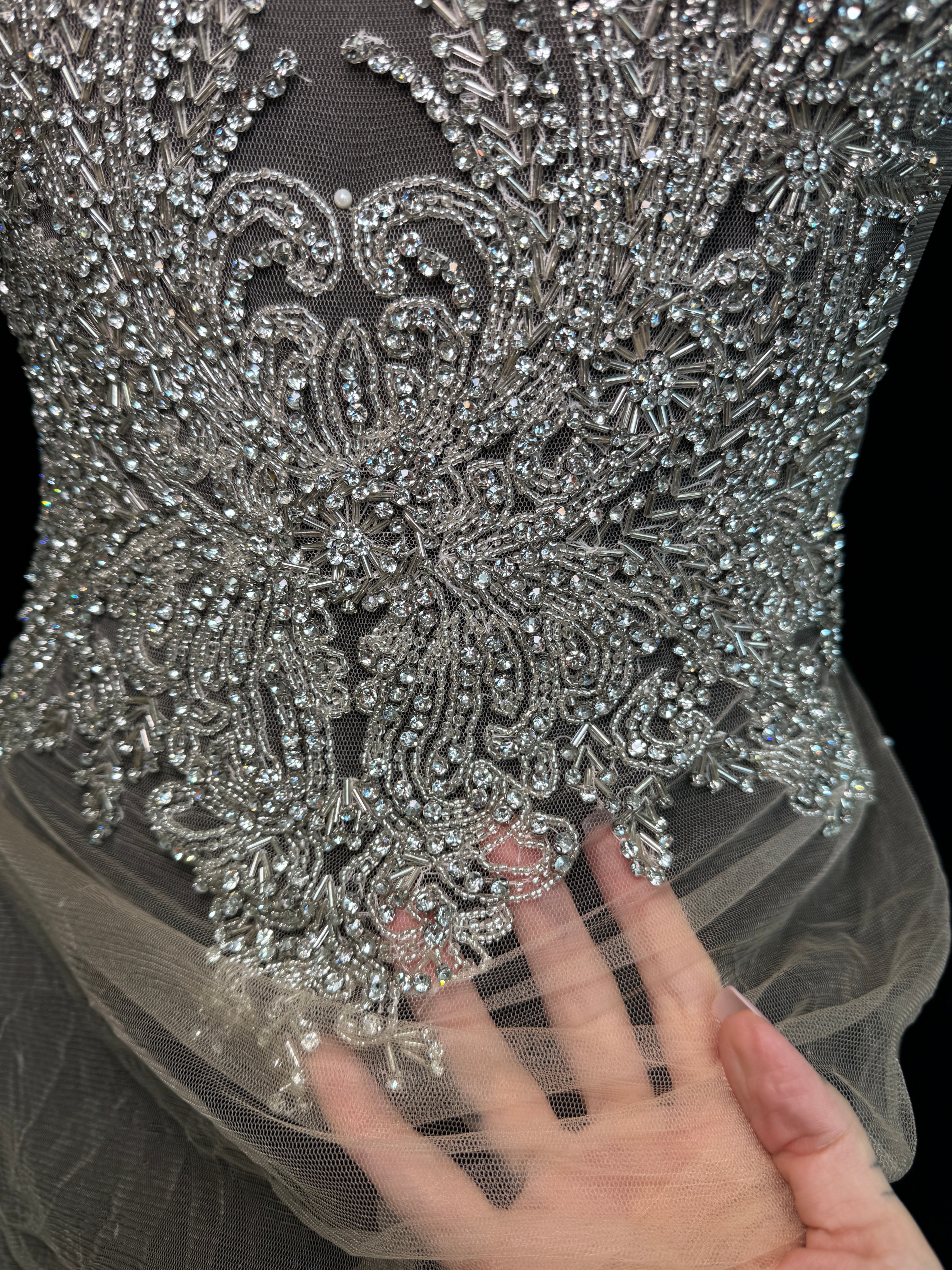 jasmine silver Rhinestone Bodice Applique, silver rhinestone, dark silver rhinestone, light silver rhinestone