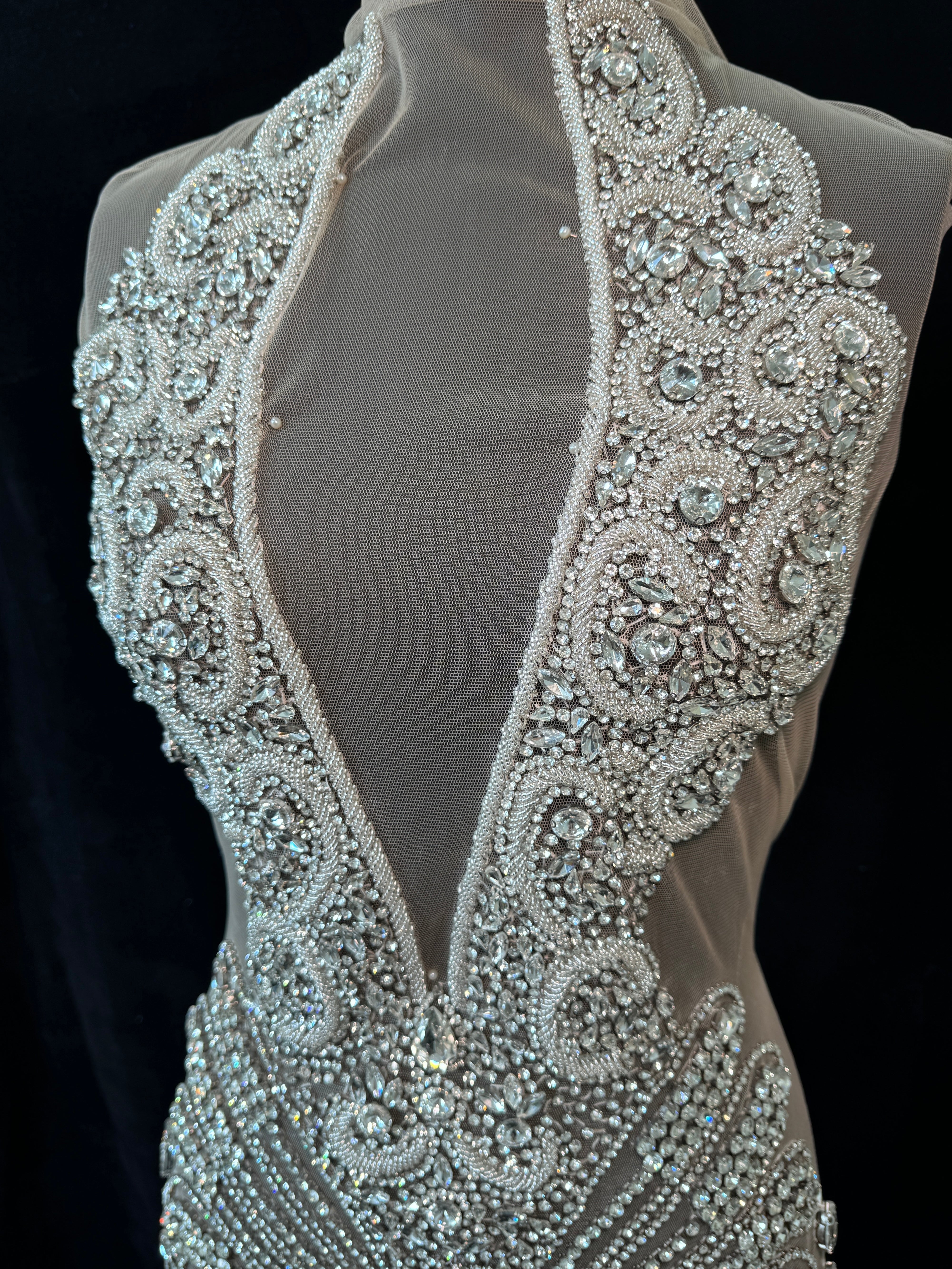 tracie silver iridescent Bodice Applique, dark silver rhinestone, silver rhinestone, light silver rhinestone