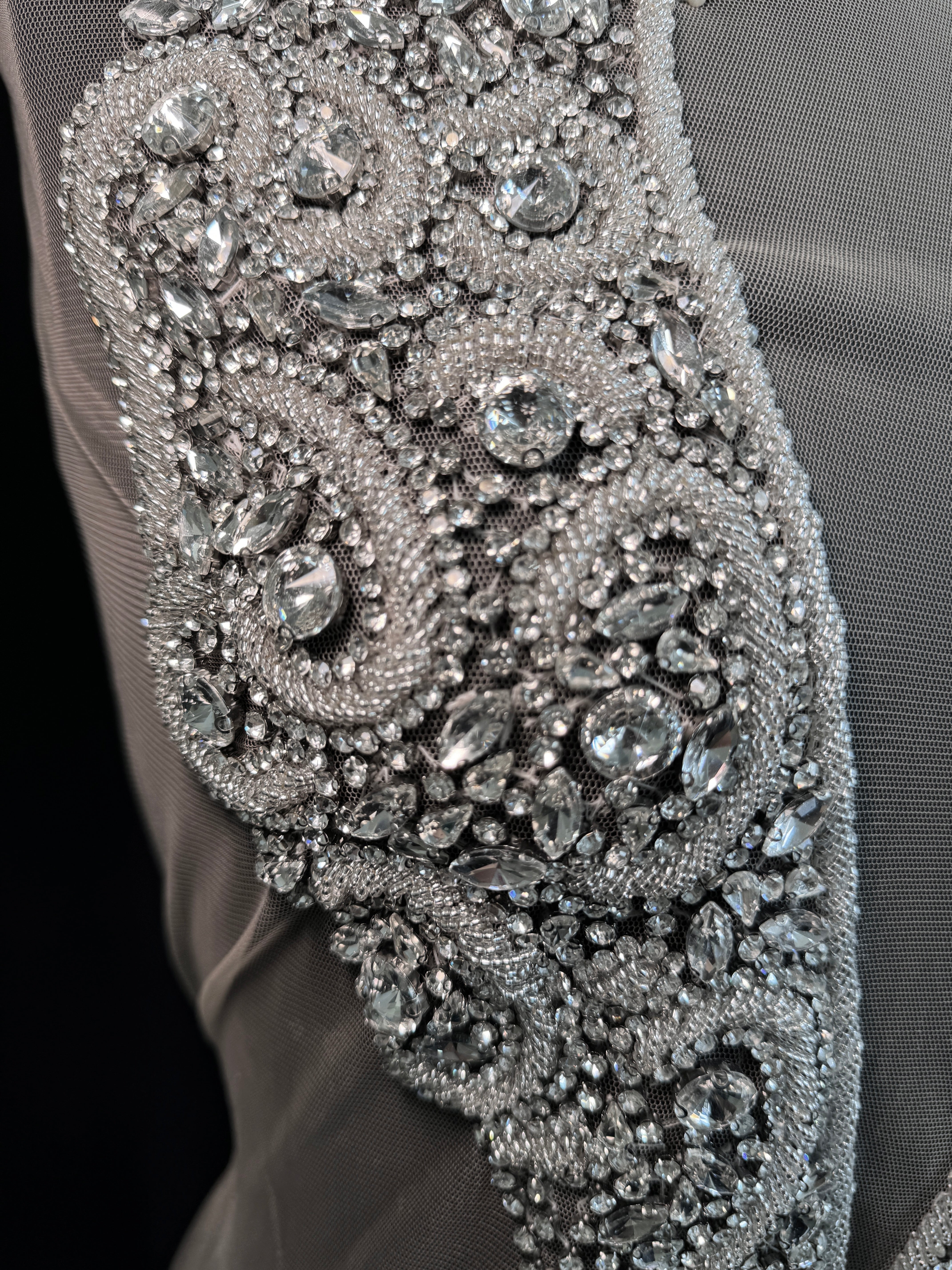 tracie silver iridescent Bodice Applique, dark silver rhinestone, silver rhinestone, light silver rhinestone