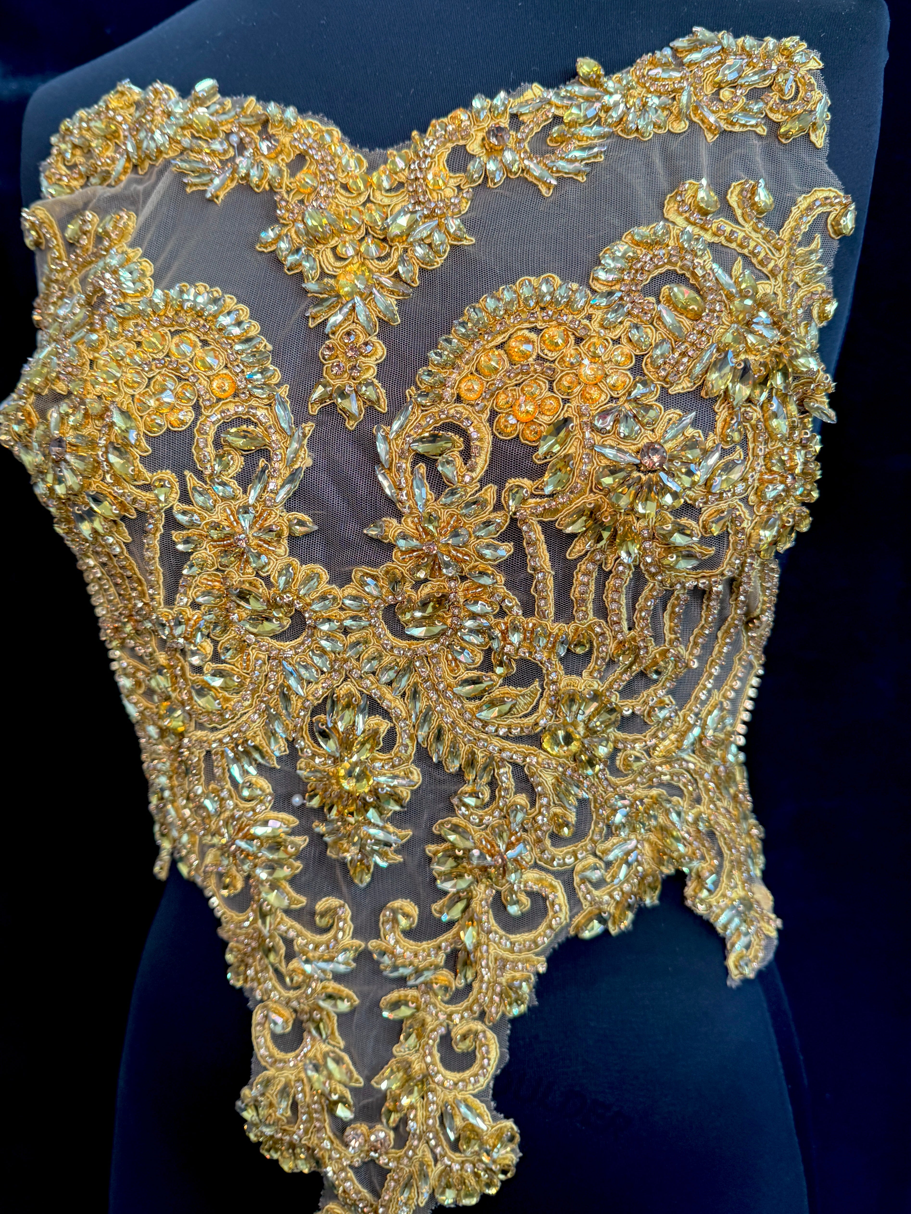 Alex gold Rhinestone Bodice Applique, dark gold rhinestone, gold rhinestone, light gold rhinestone