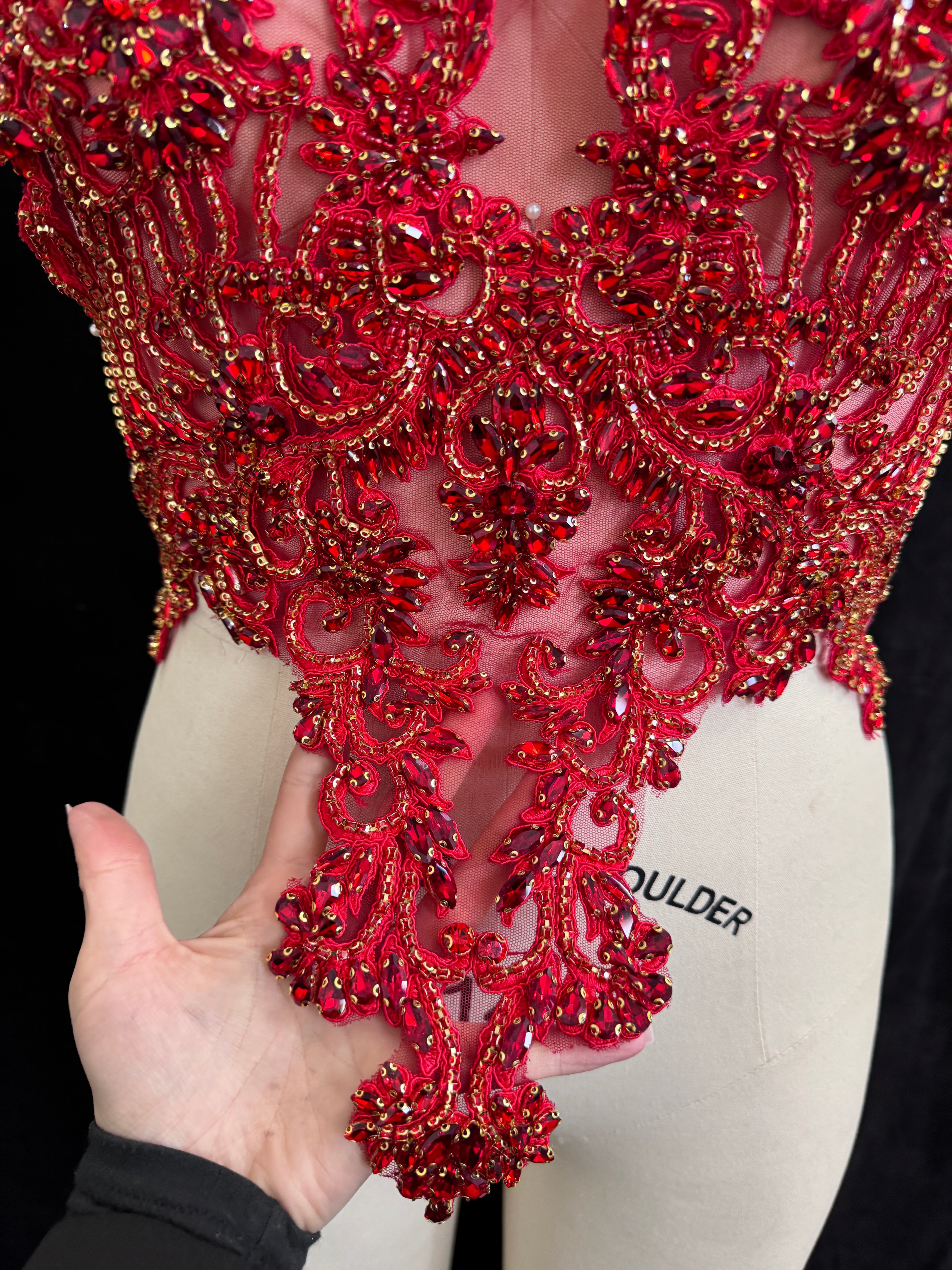 Alex red Rhinestone Bodice Applique, dark red rhinestone, red rhinestone, light red rhinestone