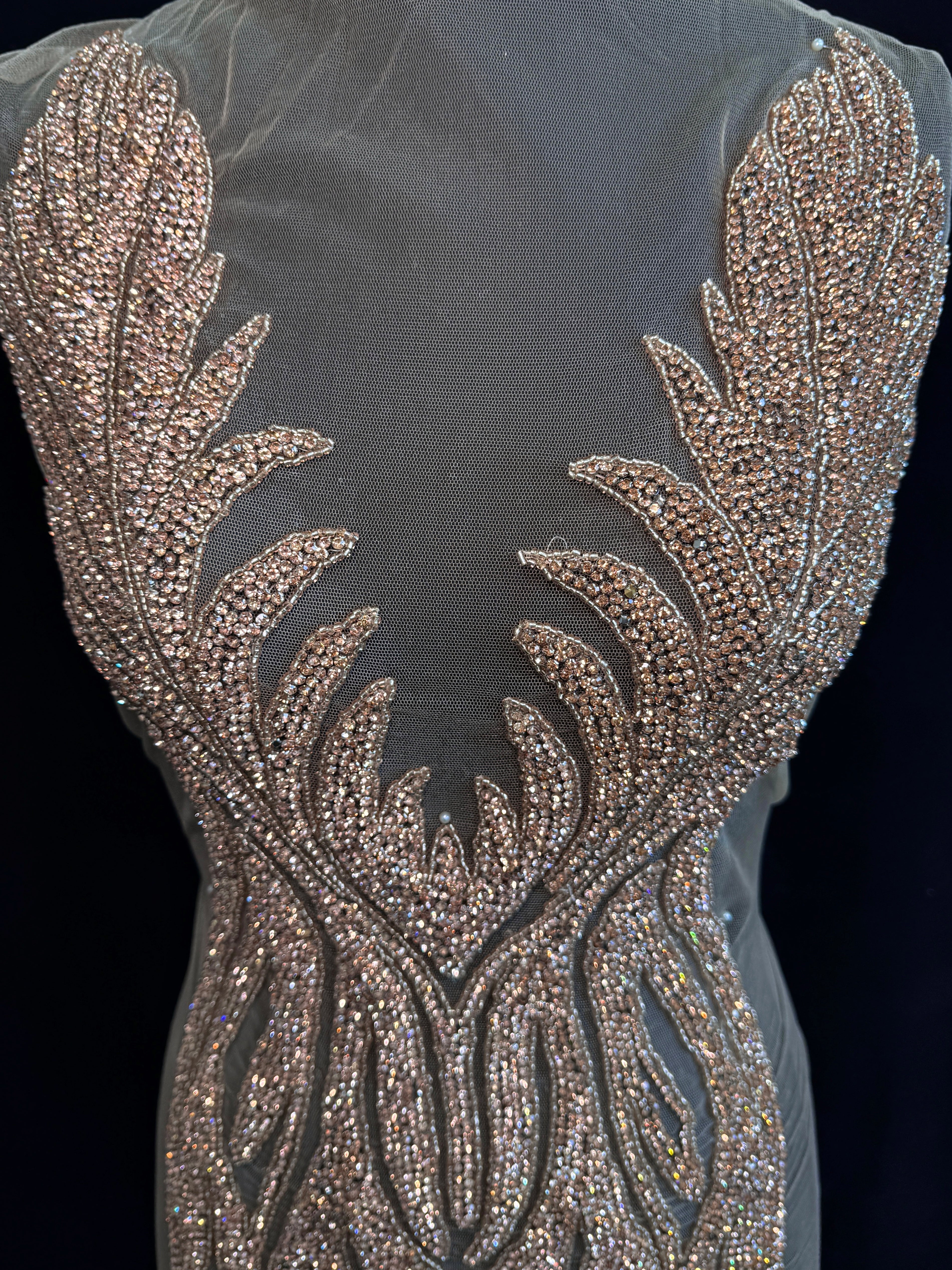 Amanda rose gold Rhinestone Bodice Applique, rose gold rhinestone, dark gold rhinestone, light gold rhinestone