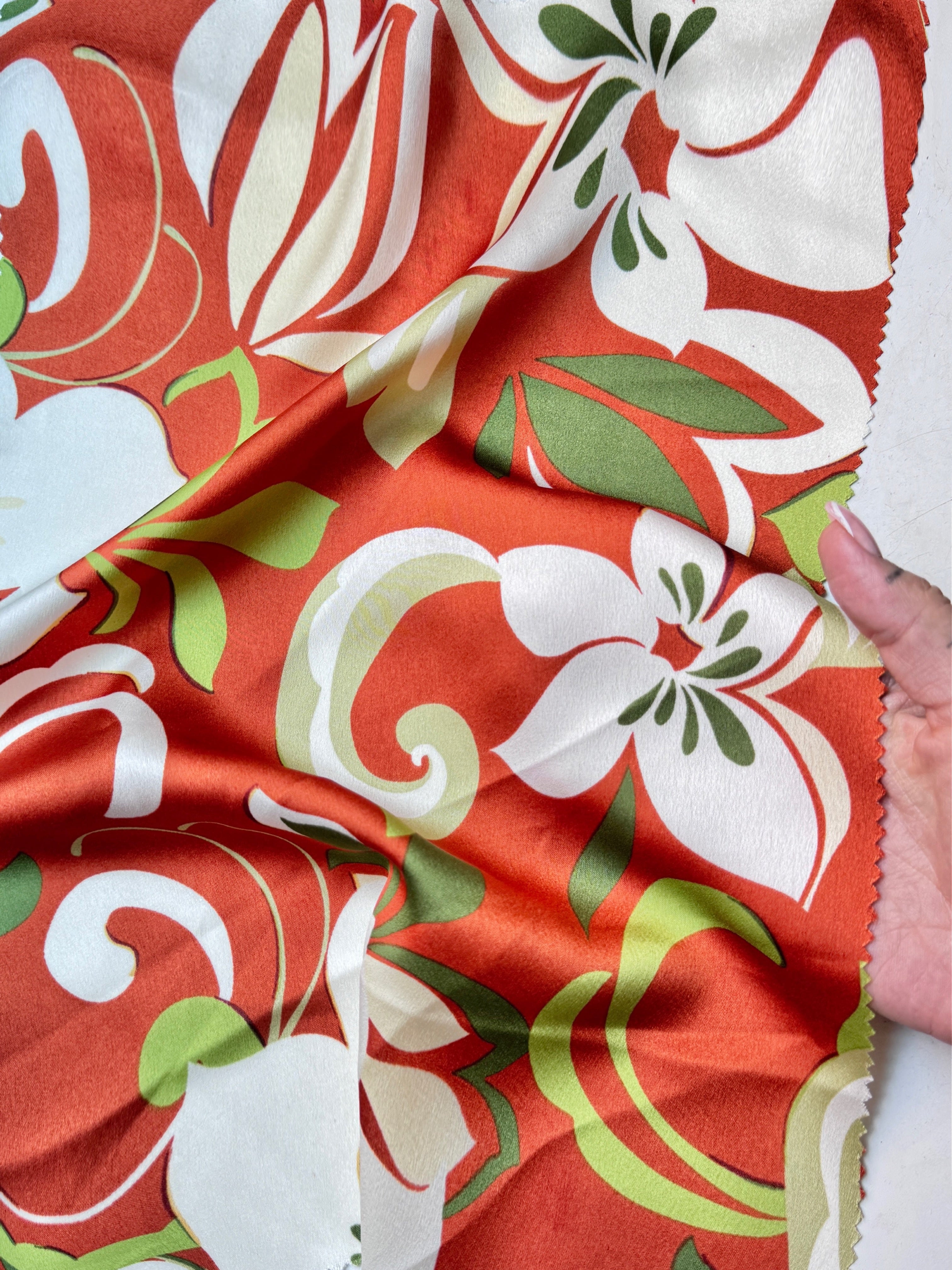 rust Floral Print Satin, dark orange floral print Satin, orange Printed Satin, best quality Printed Satin, Printed Satin for bridal wear, Printed Satin for party wear, Printed Satin in low price, premium Printed Satin