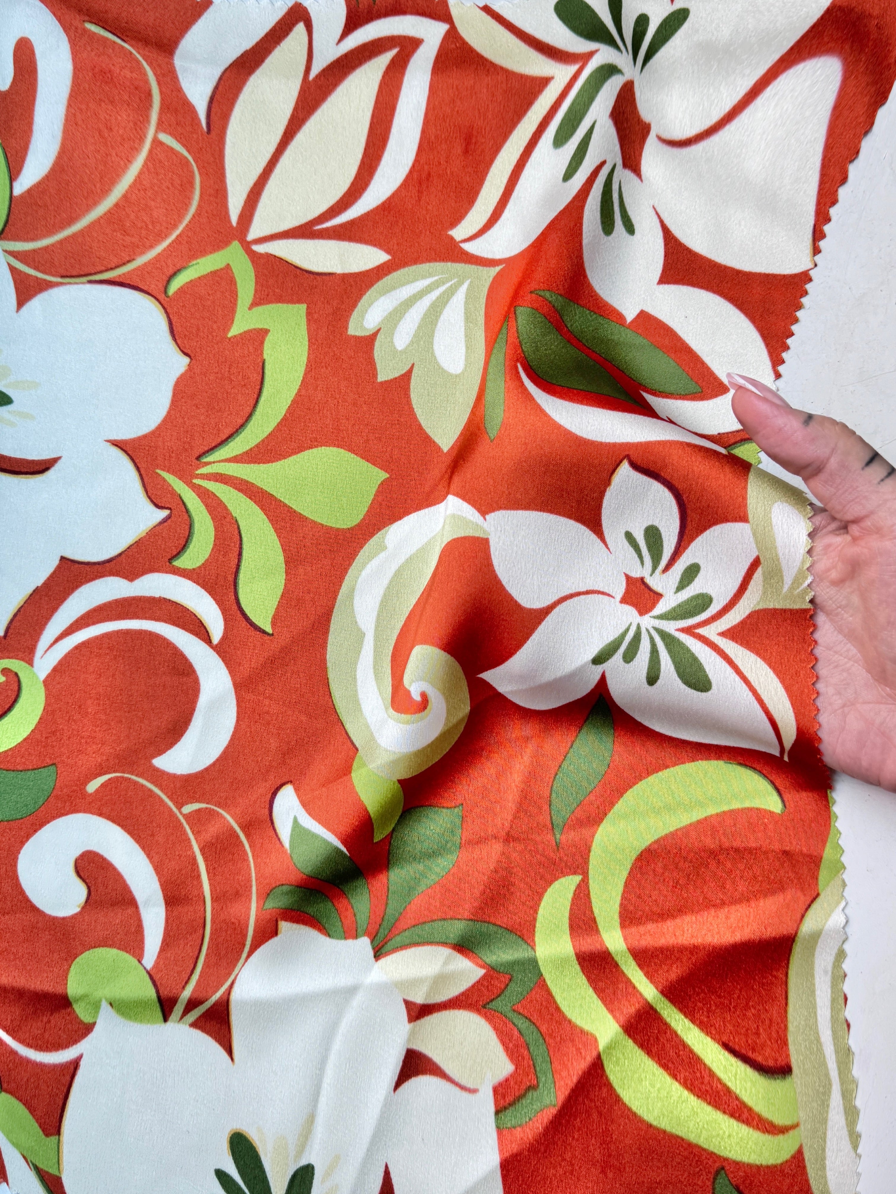 rust Floral Print Satin, dark orange floral print Satin, orange Printed Satin, best quality Printed Satin, Printed Satin for bridal wear, Printed Satin for party wear, Printed Satin in low price, premium Printed Satin