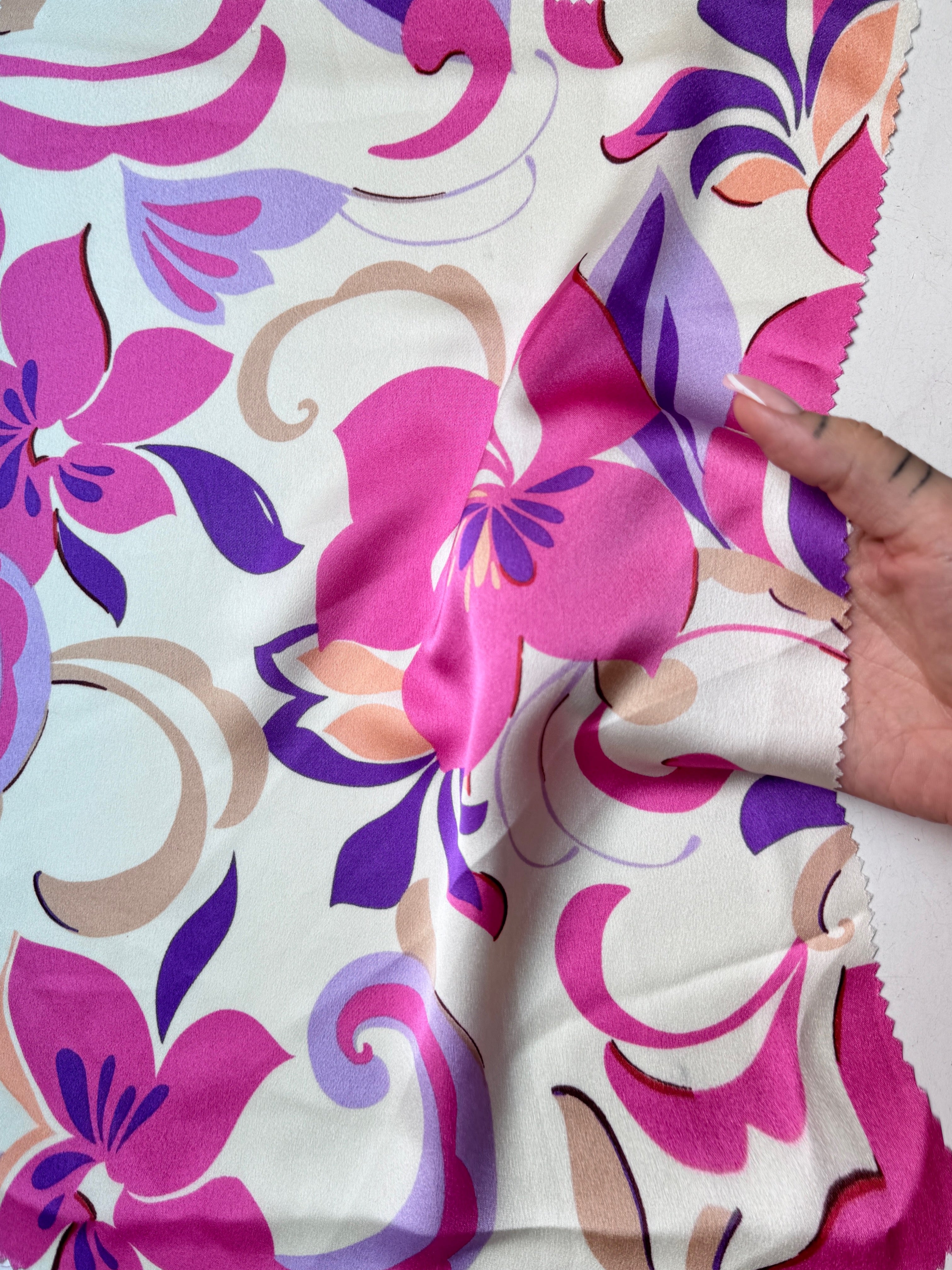 ivory/pink Floral Print Satin, ivory floral print Satin, pink Printed Satin, best quality Printed Satin, Printed Satin for bridal wear, Printed Satin for party wear, Printed Satin in low price, premium Printed Satin
