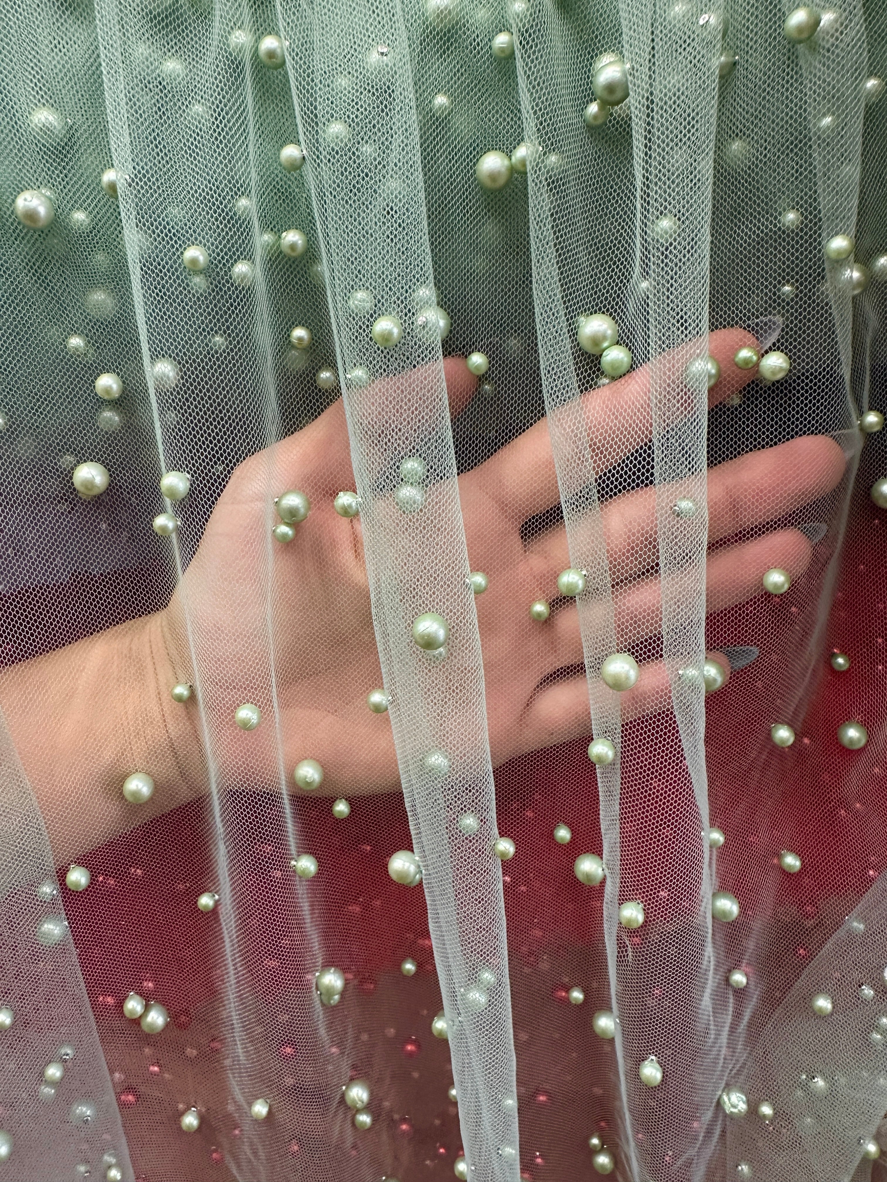 Sage Green Pearl Tulle, Beaded Mesh, Pearl Beaded Lace, Tulle for Wedding Dress, Pearl Material, Tulle Fabric, Tulle Dress Woman