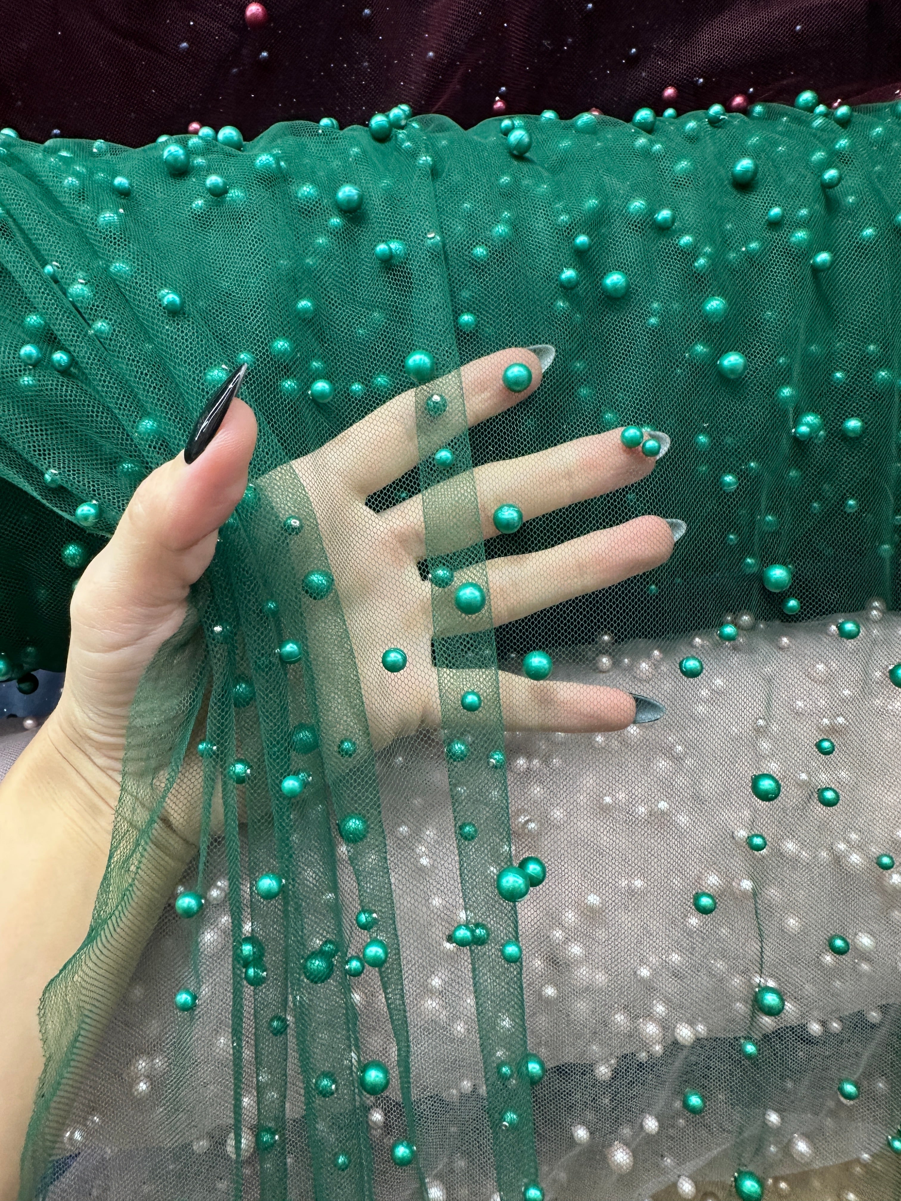 Green Pearl Tulle, Beaded Mesh, Pearl Beaded Lace, Tulle for Wedding Dress, Pearl Material, Tulle Fabric, Tulle Dress Woman
