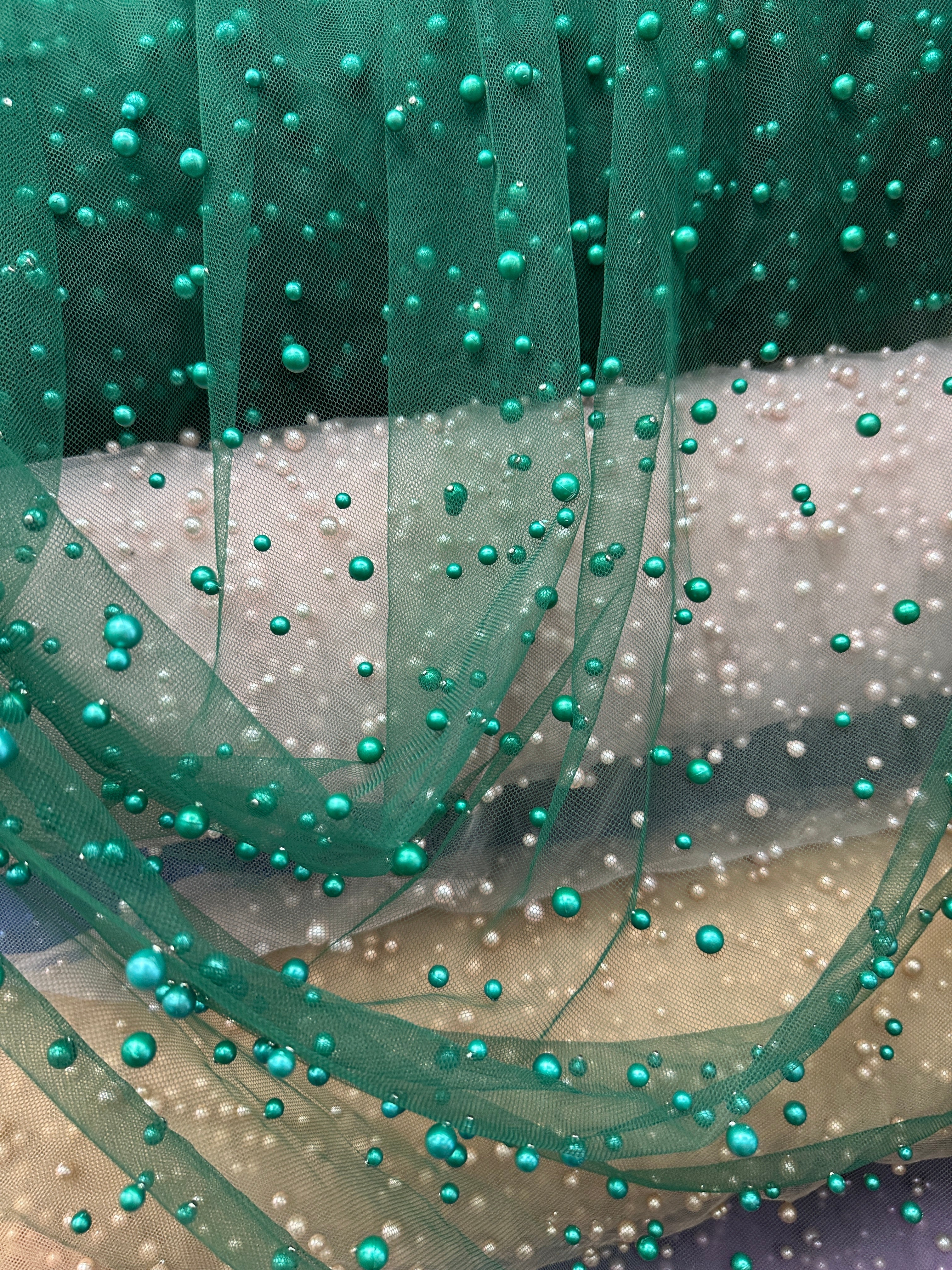 Green Pearl Tulle, Beaded Mesh, Pearl Beaded Lace, Tulle for Wedding Dress, Pearl Material, Tulle Fabric, Tulle Dress Woman