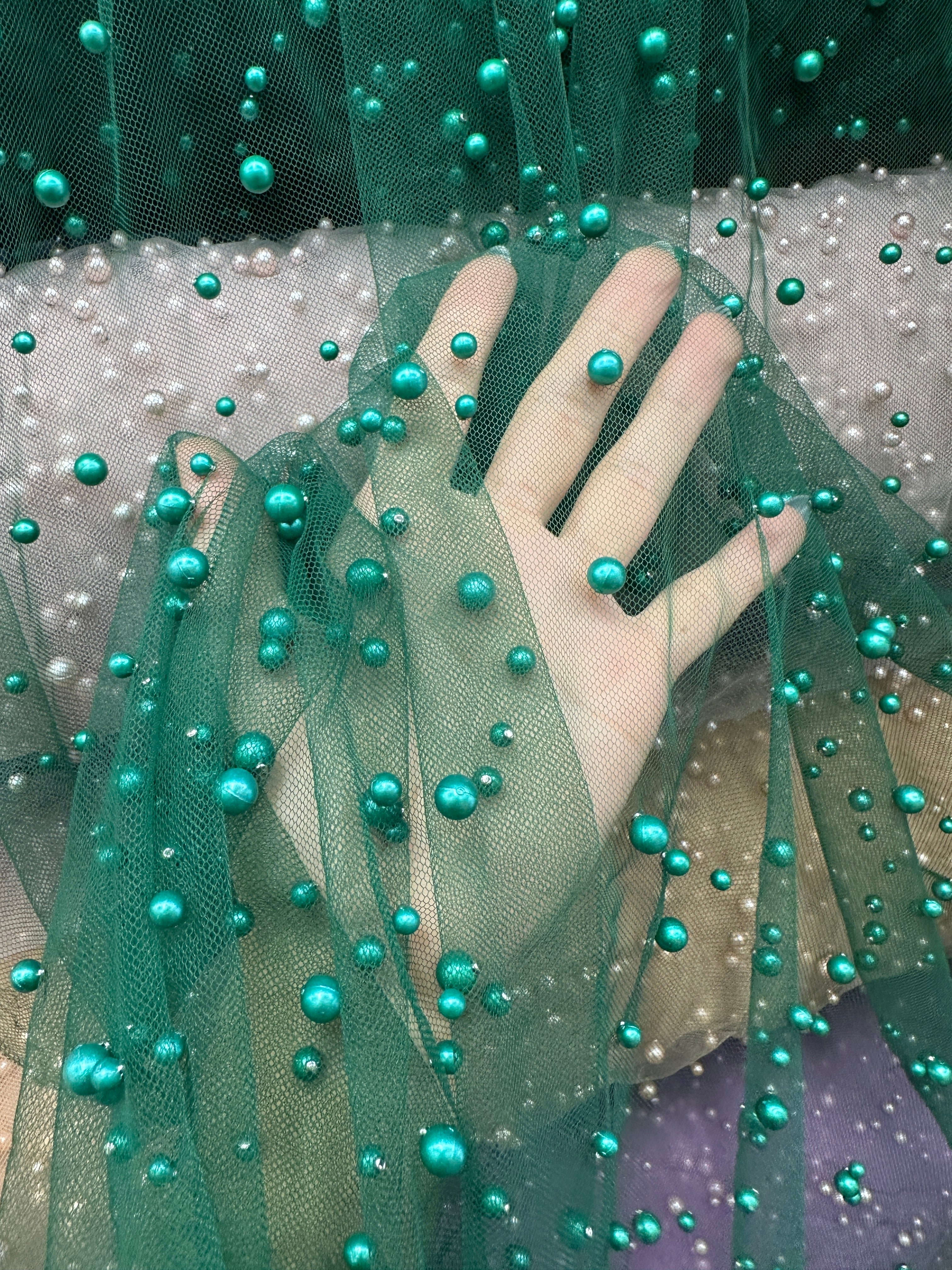Green Pearl Tulle, Beaded Mesh, Pearl Beaded Lace, Tulle for Wedding Dress, Pearl Material, Tulle Fabric, Tulle Dress Woman