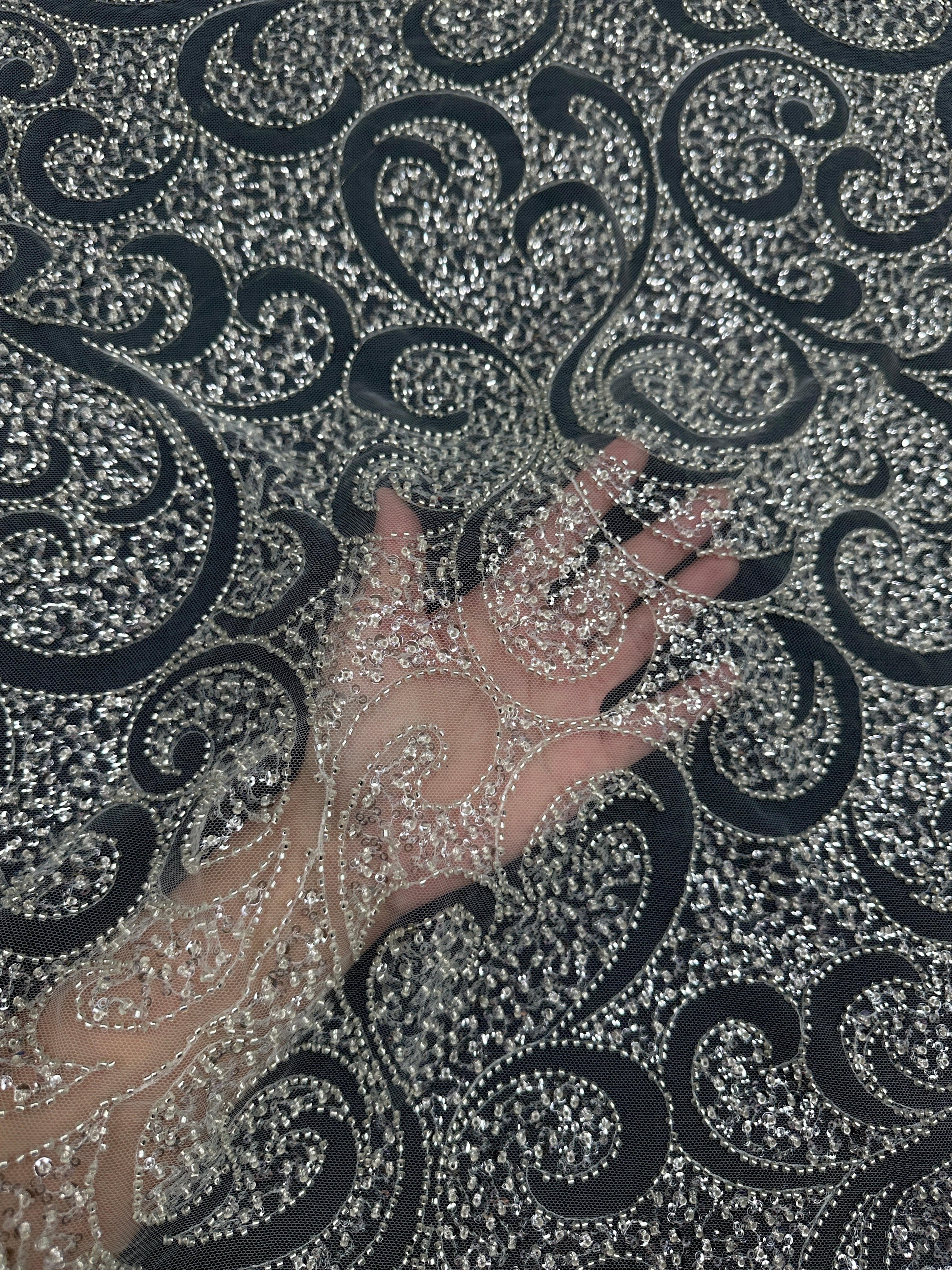Silver Sequin Beaded Scroll Lace on Mesh, Brocade for woman, shiny fabric for bride, Metallic Brocade, Brocade in low price, Shimmery fabric for party wear, Brocade for gown