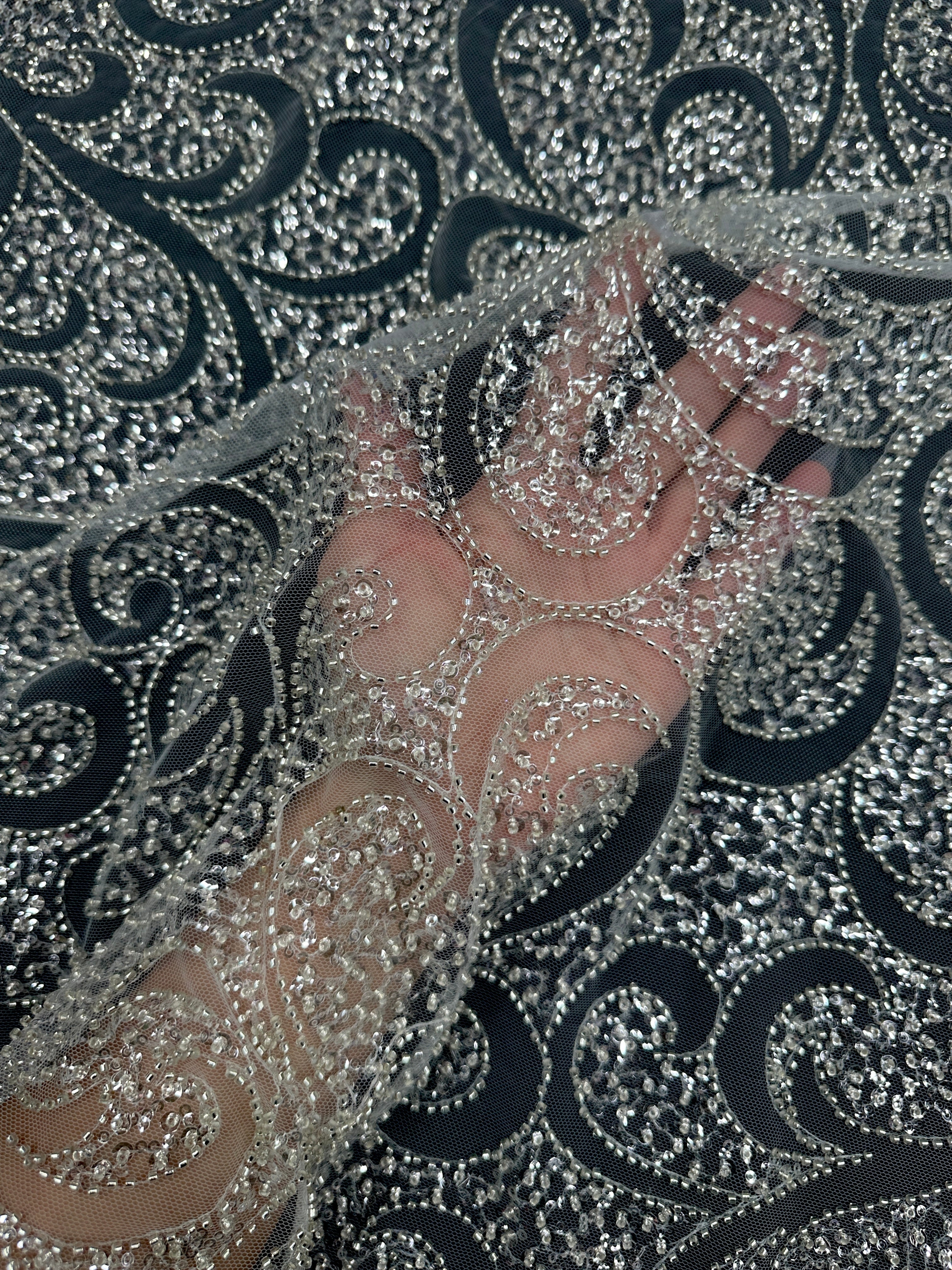 Silver Sequin Beaded Scroll Lace on Mesh, Fabric Store, Sewing Store, Cheap Fabric Store, Kiki Textiles, Textile by the Yard