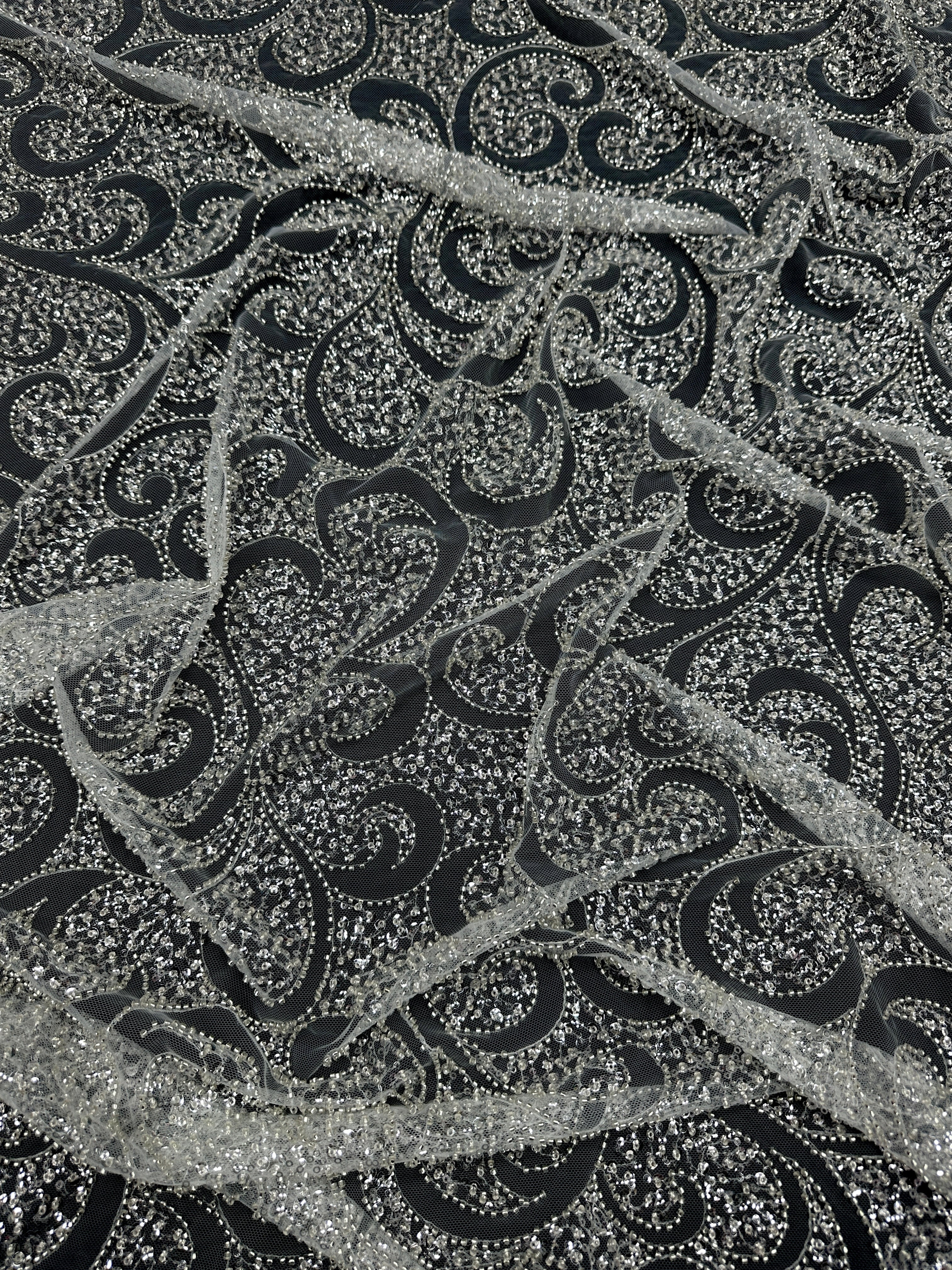 Silver Sequin Beaded Scroll Lace on Mesh, Fabric Store, Sewing Store, Cheap Fabric Store, Kiki Textiles, Textile by the Yard