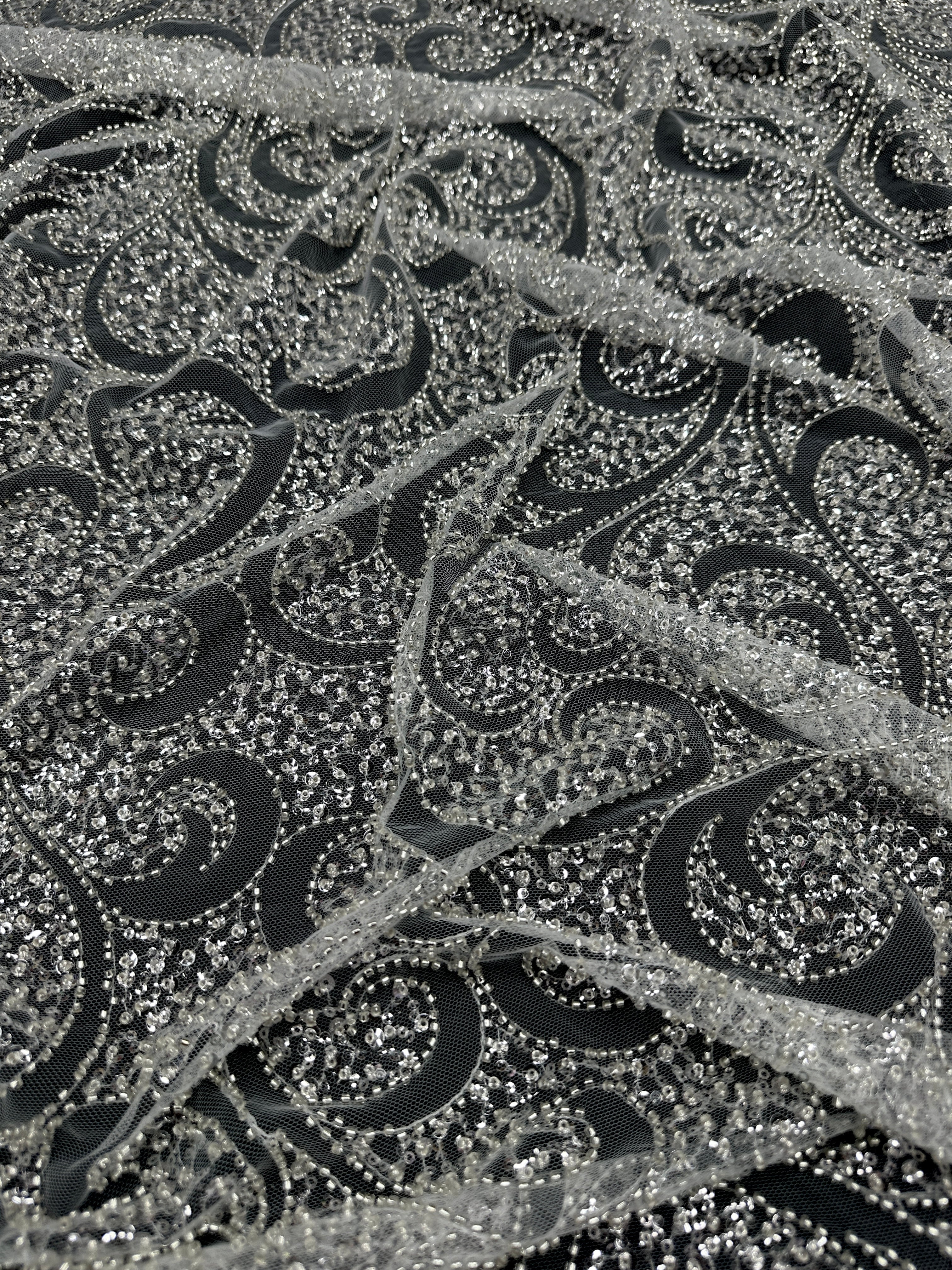 Silver Sequin Beaded Scroll Lace on Mesh, Brocade for woman, shiny fabric for bride, Metallic Brocade, Brocade in low price, Shimmery fabric for party wear, Brocade for gown