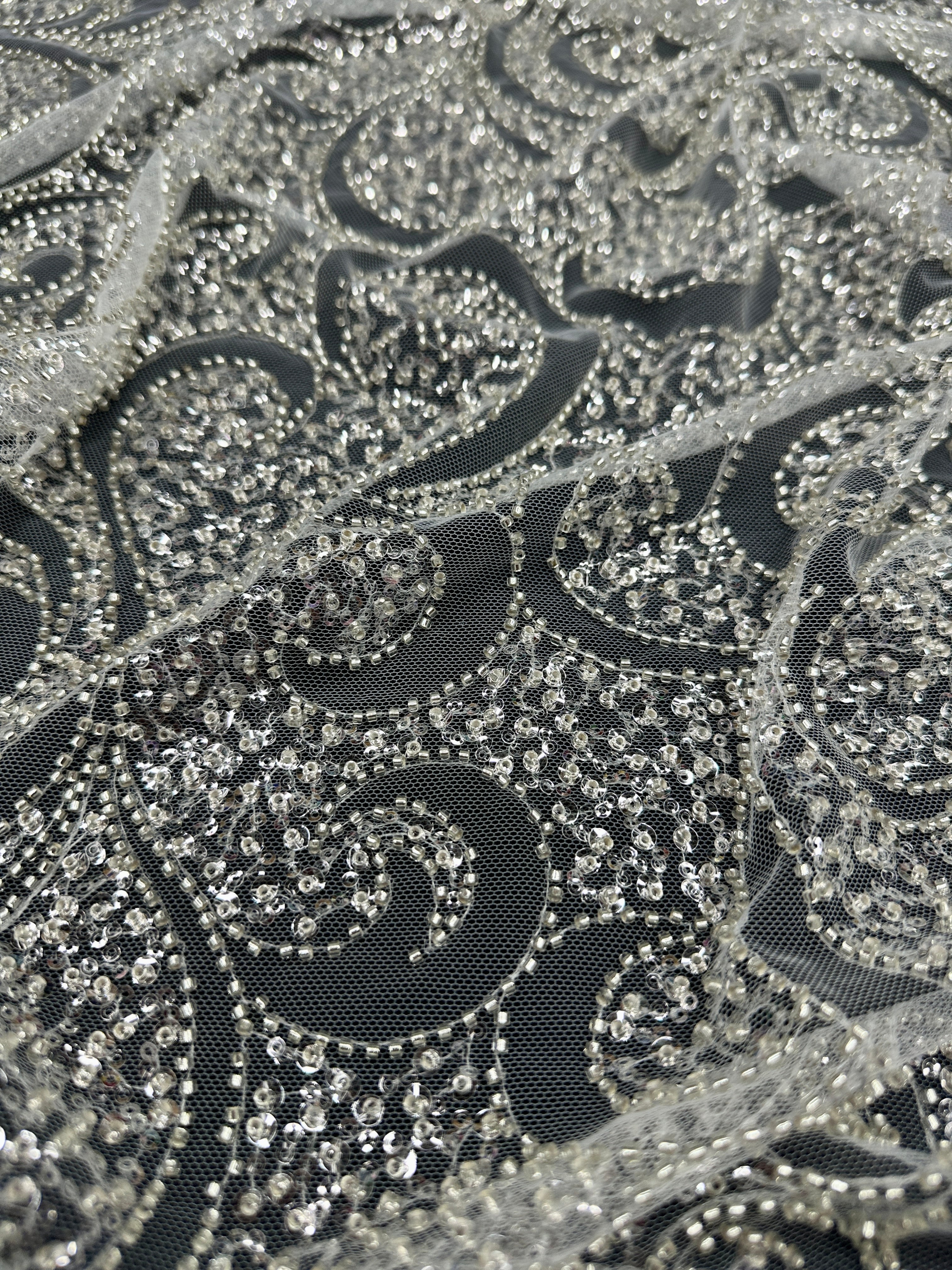 Silver Sequin Beaded Scroll Lace on Mesh, Brocade for woman, shiny fabric for bride, Metallic Brocade, Brocade in low price, Shimmery fabric for party wear, Brocade for gown