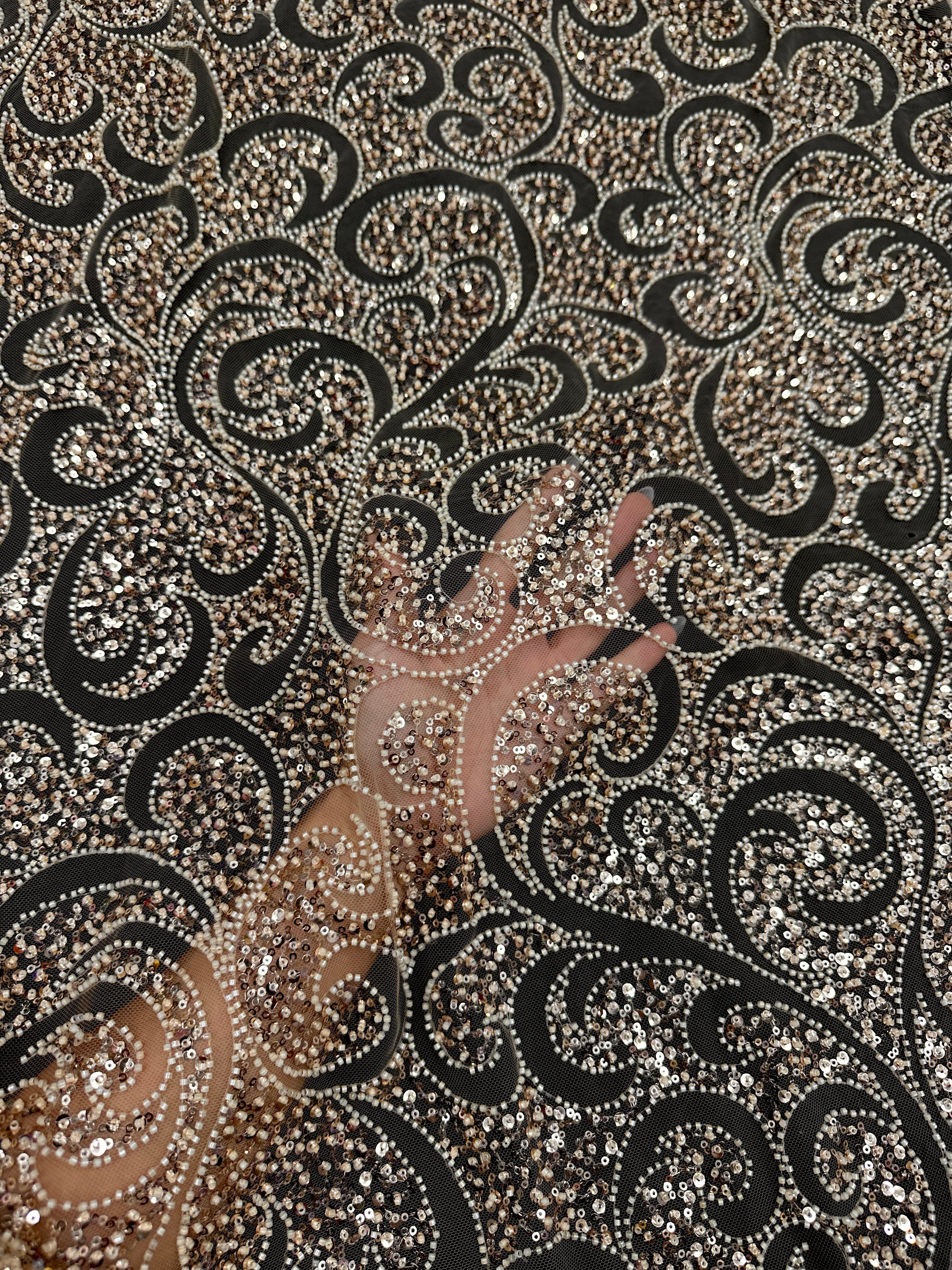 Gold Sequin Beaded Scroll Lace on Mesh, Brocade for woman, shiny fabric for bride, Metallic Brocade, Brocade in low price, Shimmery fabric for party wear, Brocade for gown