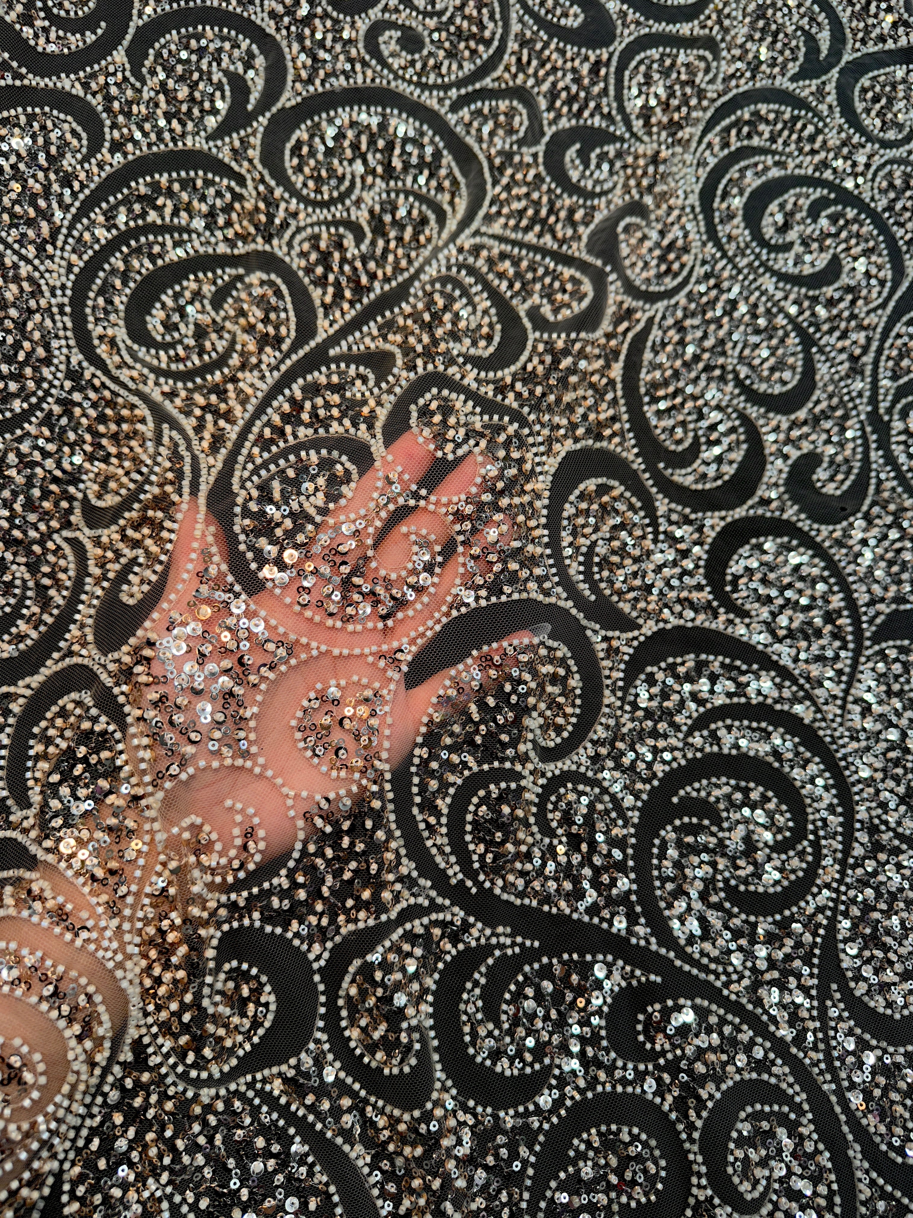 Gold Sequin Beaded Scroll Lace on Mesh, Fabric Store, Sewing Store, Cheap Fabric Store, Kiki Textiles, Textile by the Yard