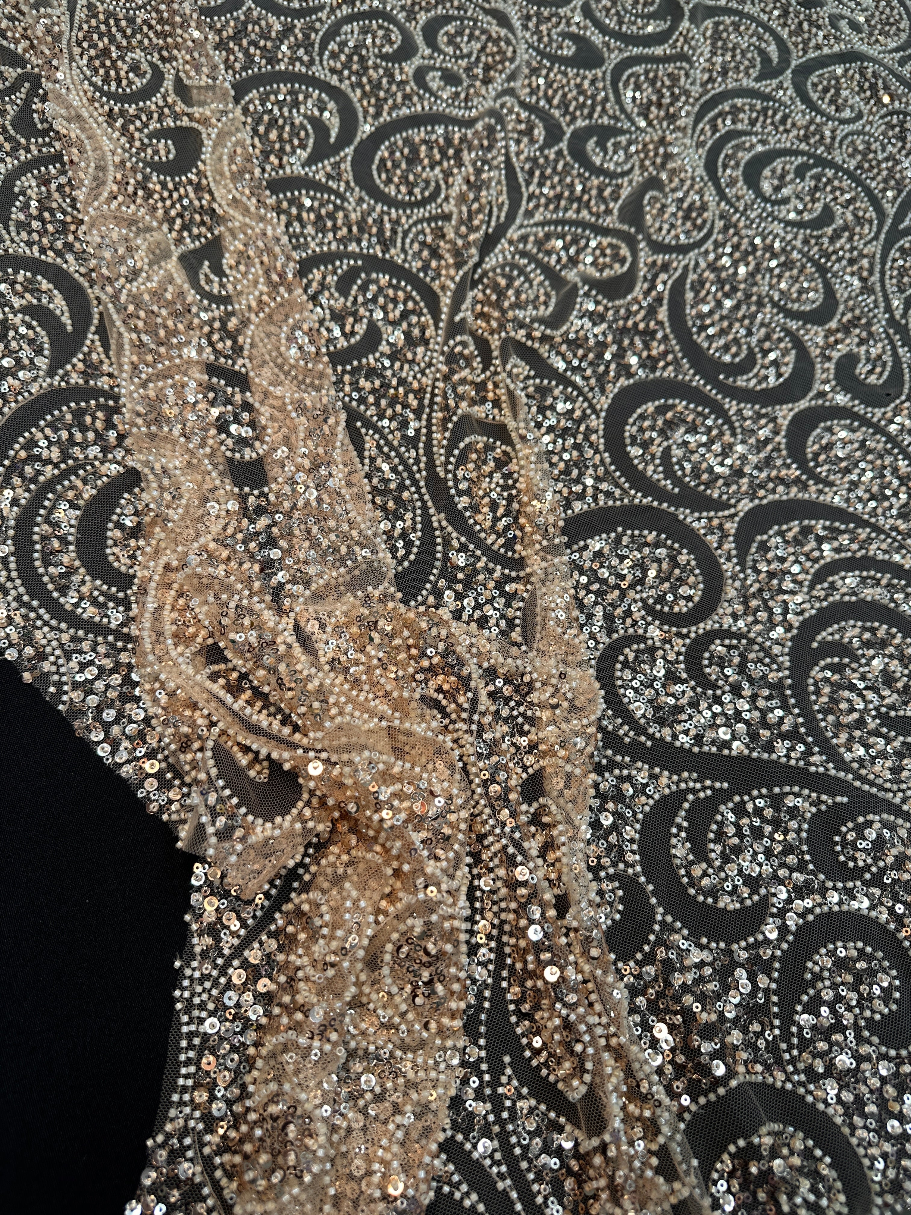 Gold Sequin Beaded Scroll Lace on Mesh, Fabric Store, Sewing Store, Cheap Fabric Store, Kiki Textiles, Textile by the Yard