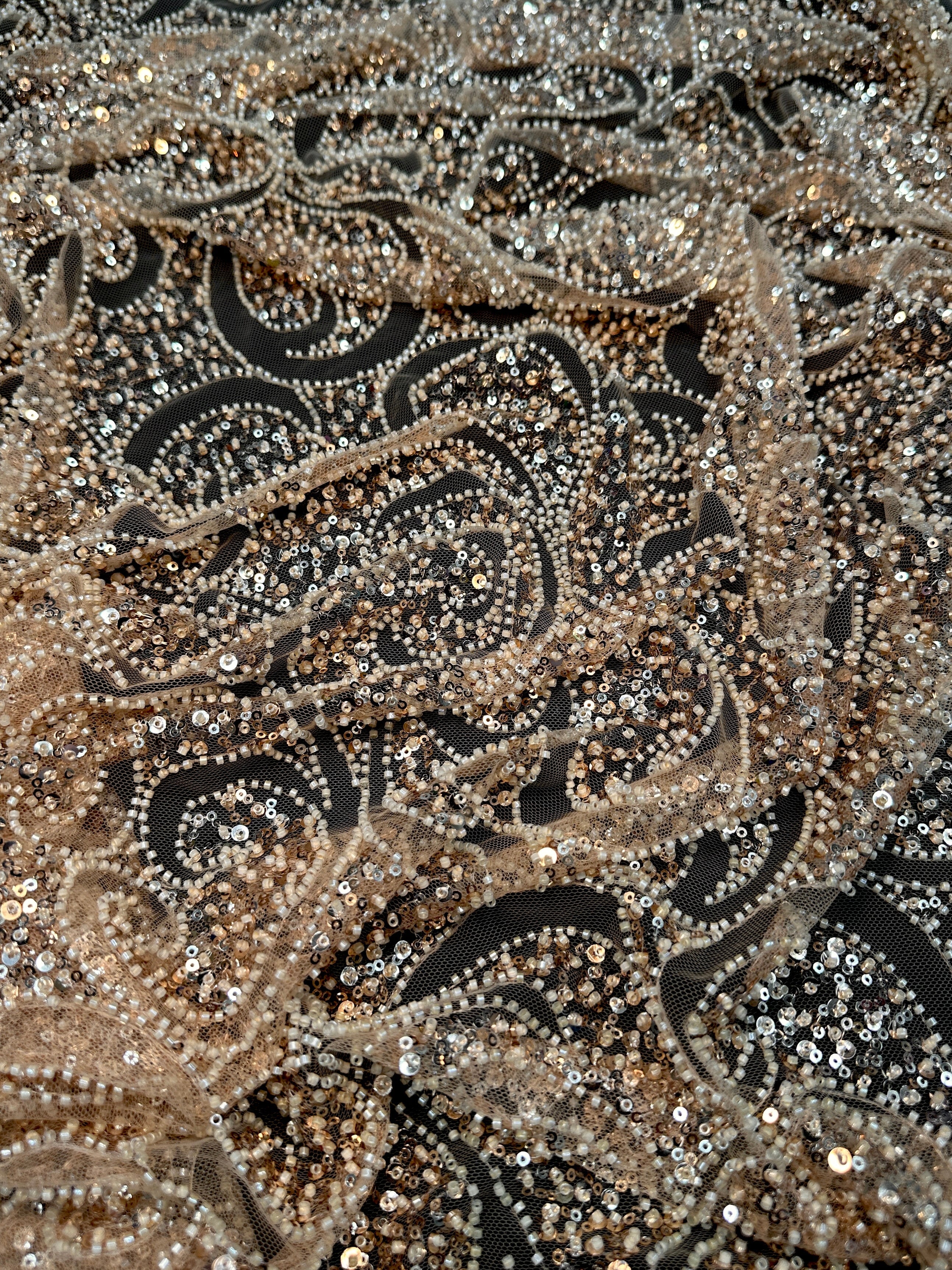 Gold Sequin Beaded Scroll Lace on Mesh, Brocade for woman, shiny fabric for bride, Metallic Brocade, Brocade in low price, Shimmery fabric for party wear, Brocade for gown